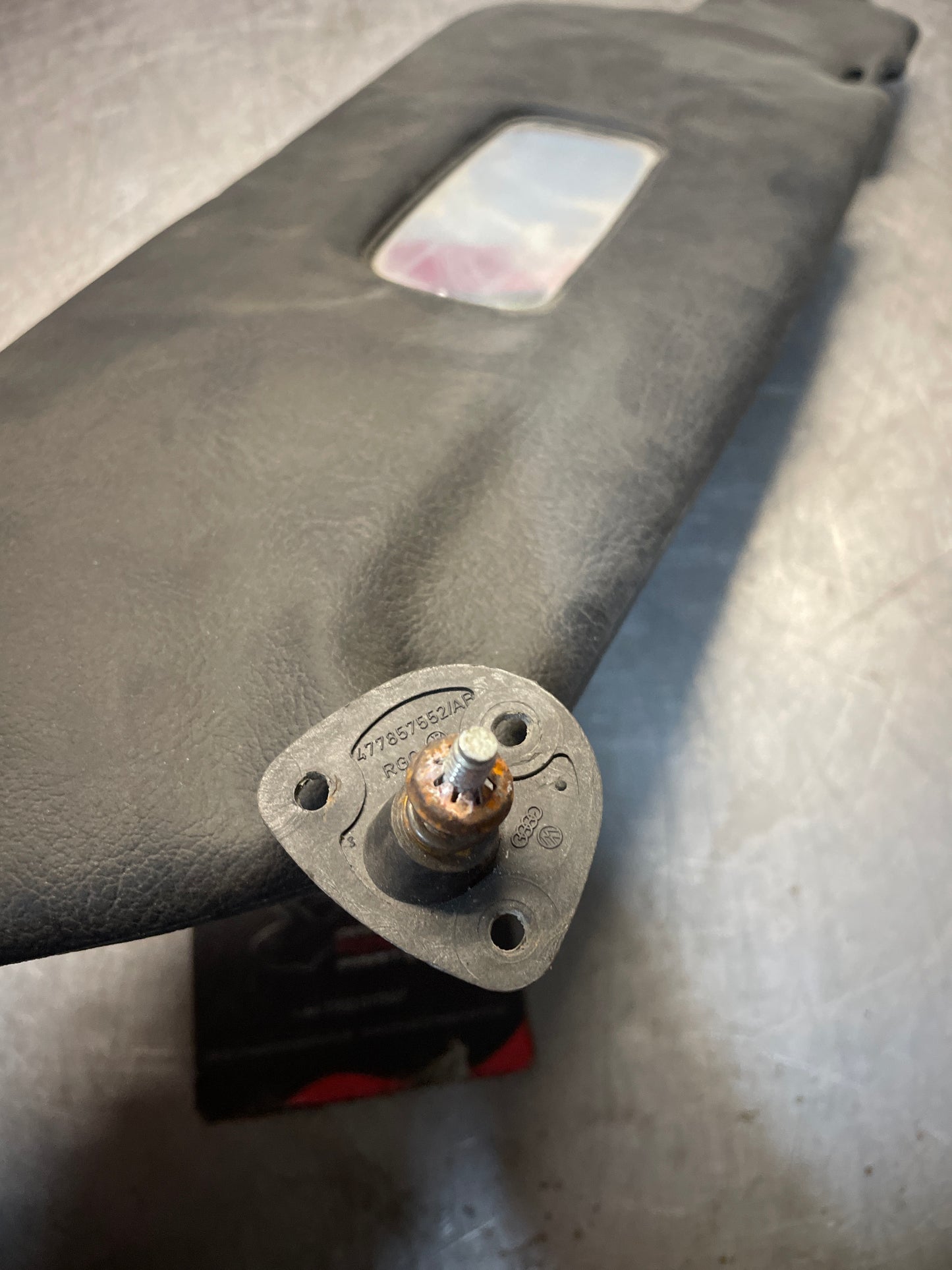 Porsche 924 944 right passenger side sun visor with mirror, black, used 477857552C