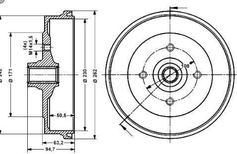 Porsche 924 2.0 NA 4 stud rear drum NEW 477 501 615 A