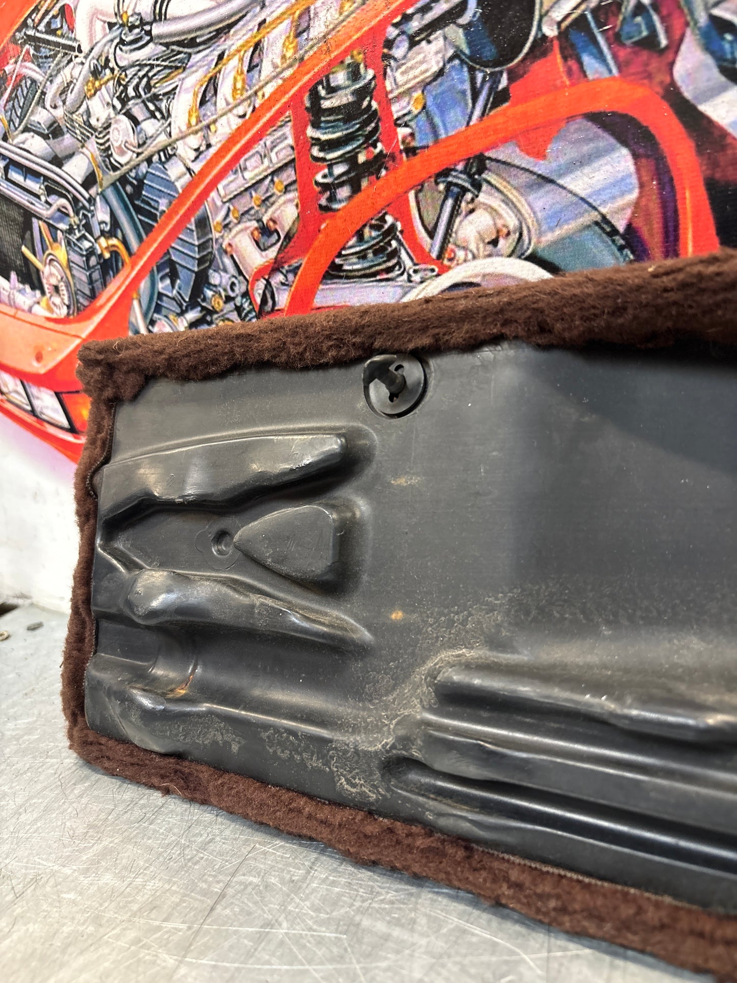 Porsche 928 brown carpeted Tool kit panel cover, used 92855118105