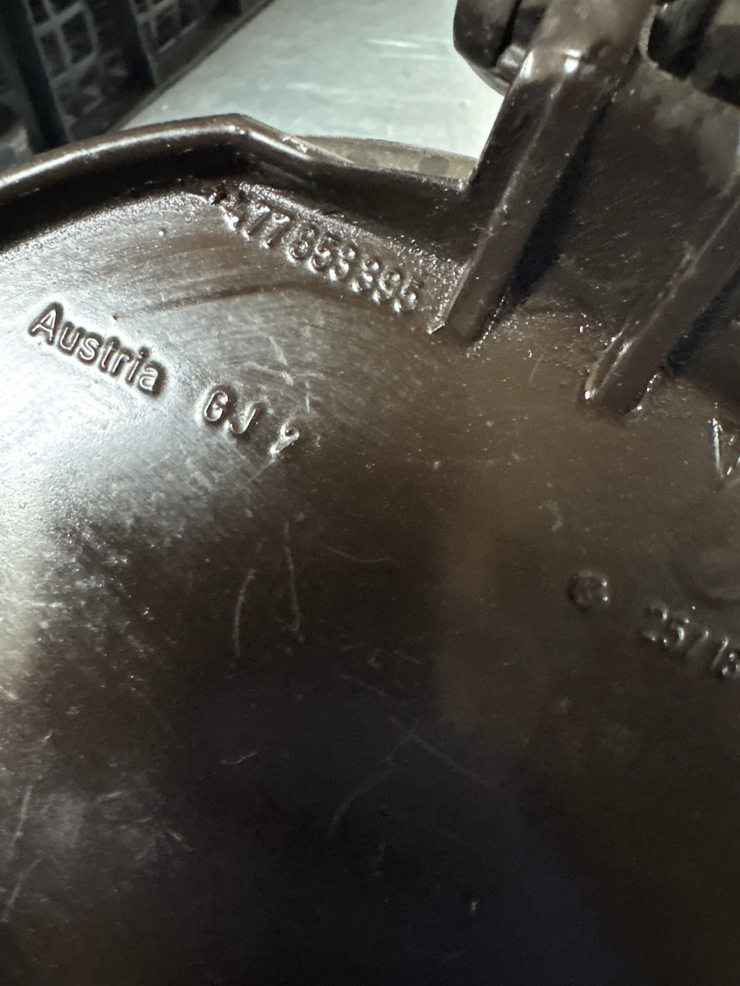 Porsche 924 / 924S fuel tank filler flap door, used 477853395