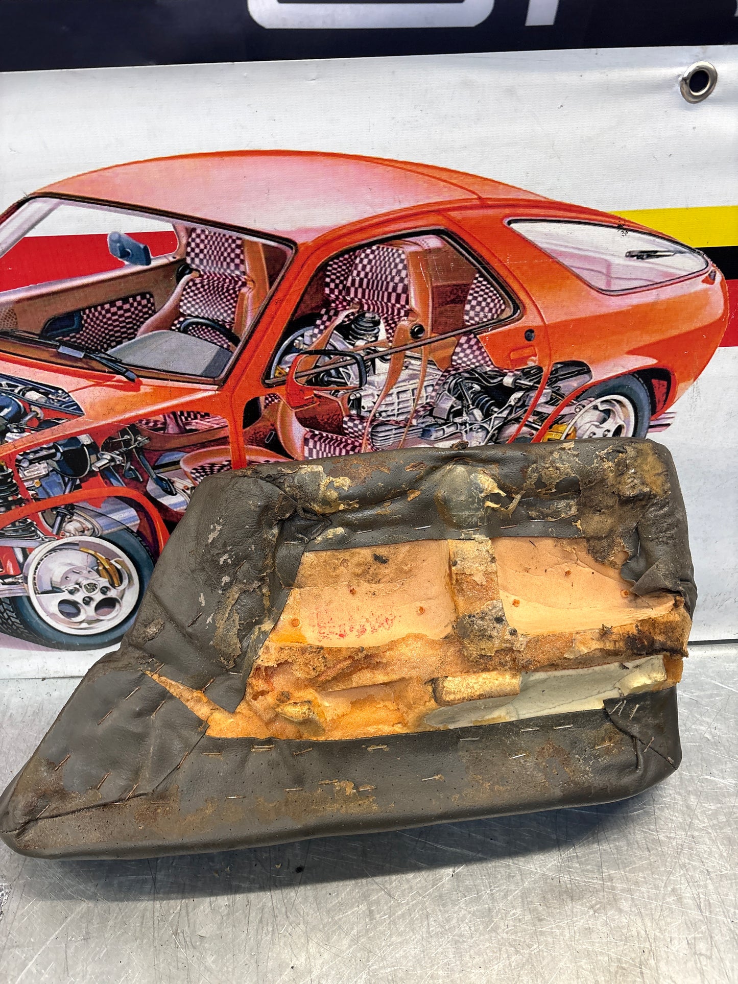 Porsche 928 rear left seat cushion, greyish green, leather, used 92852205951