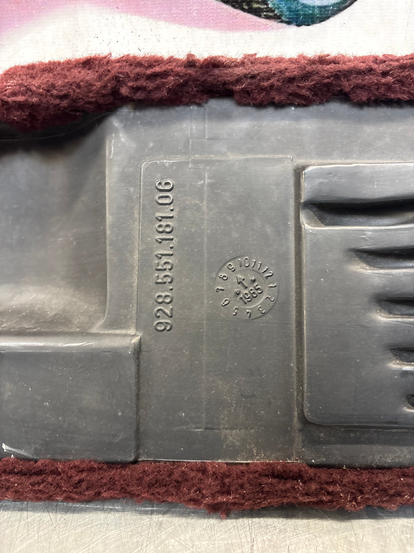 Porsche 928 burgundy carpeted Tool kit panel cover, used 92855118106