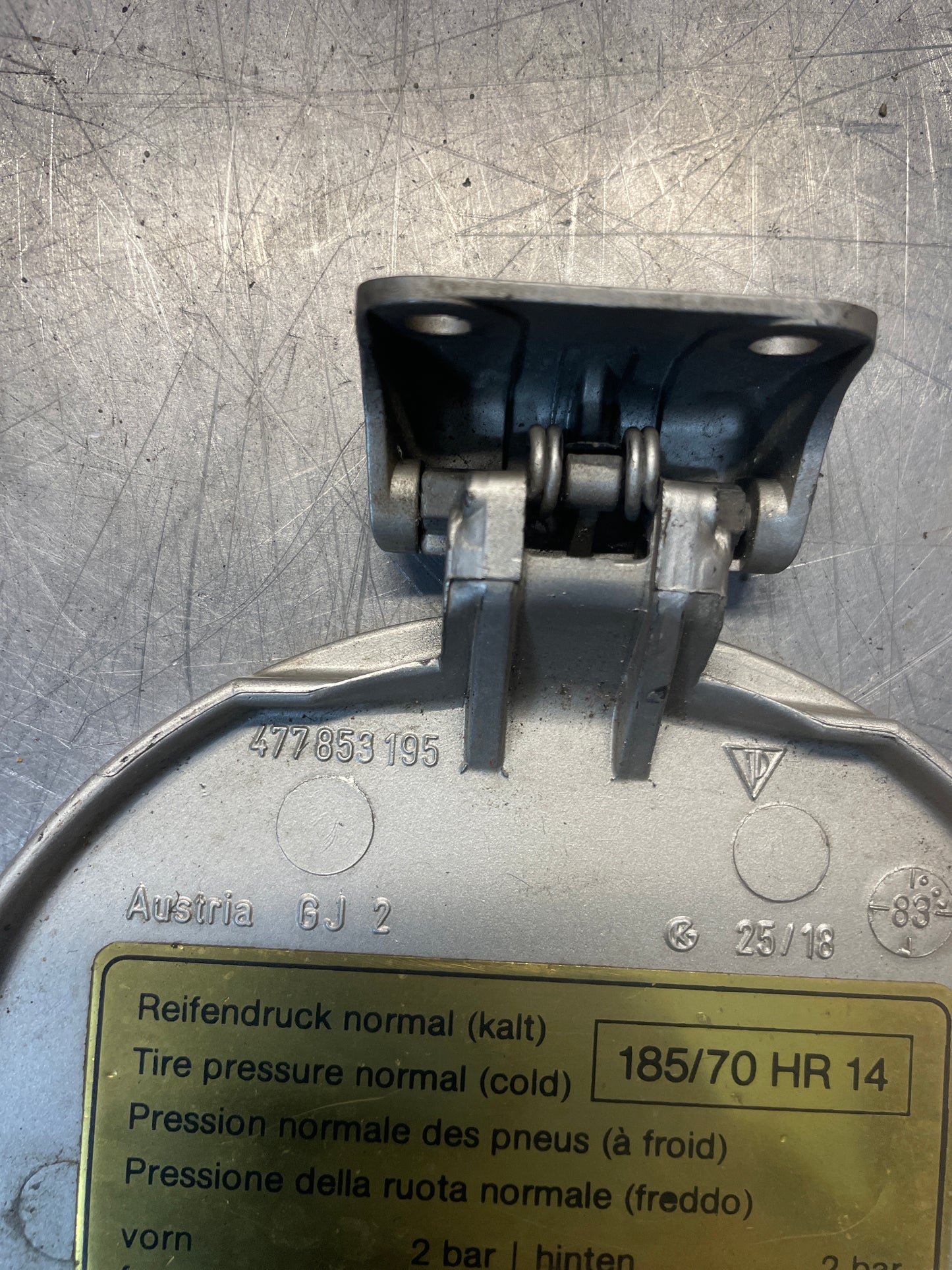 Porsche 924 / 924S fuel tank filler flap door, used 477853195