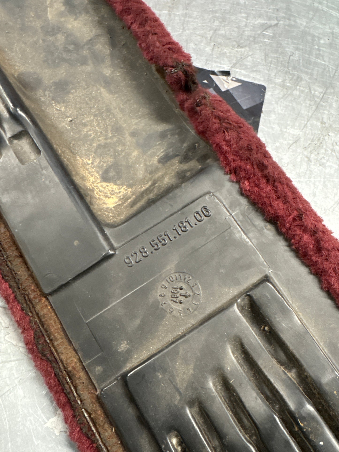 Porsche 928 burgundy carpeted Tool kit panel cover, used 92855118106