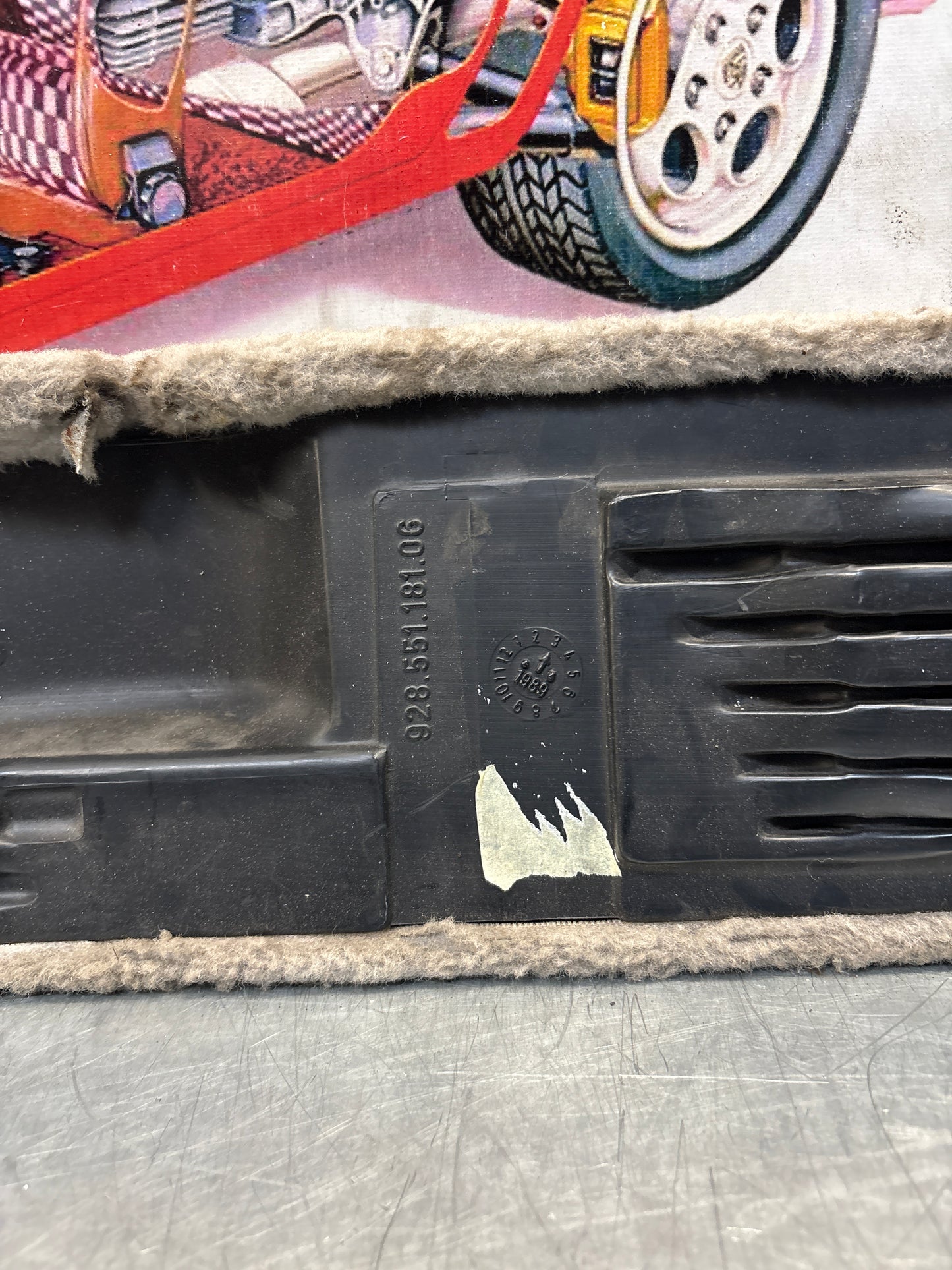 Porsche 928 white carpeted Tool kit panel cover, used 92855118105