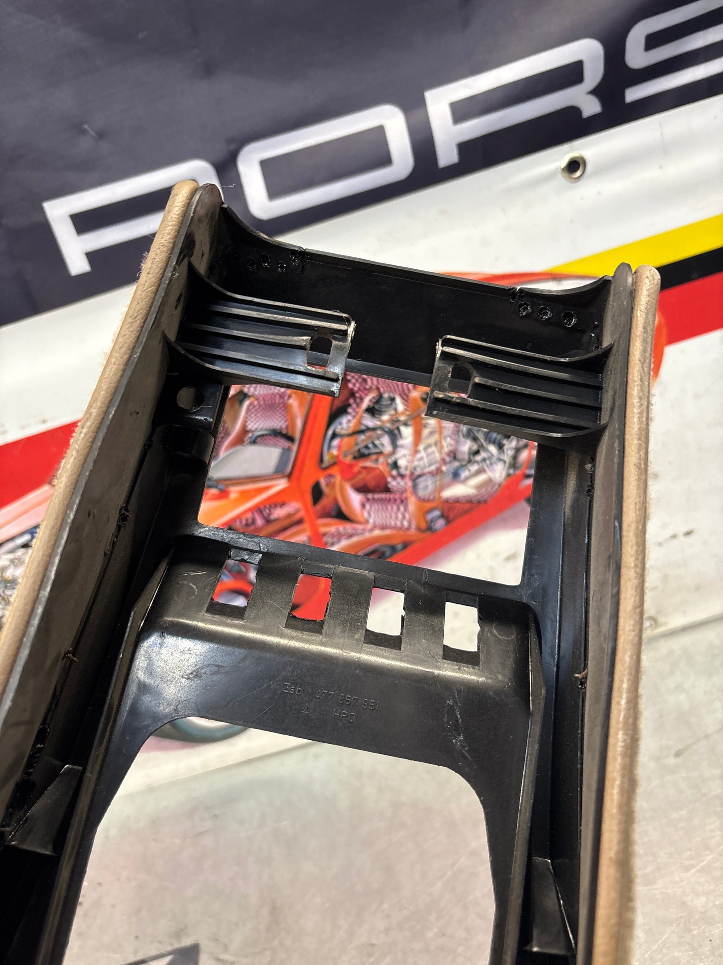 Porsche 924 centre console black, with one switch hole 477857951 / 477857969 used, with cream carpet, used