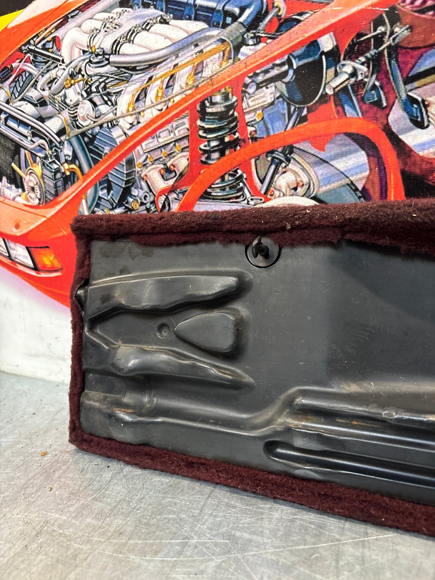 Porsche 928 burgundy carpeted Tool kit panel cover, used 92855118105