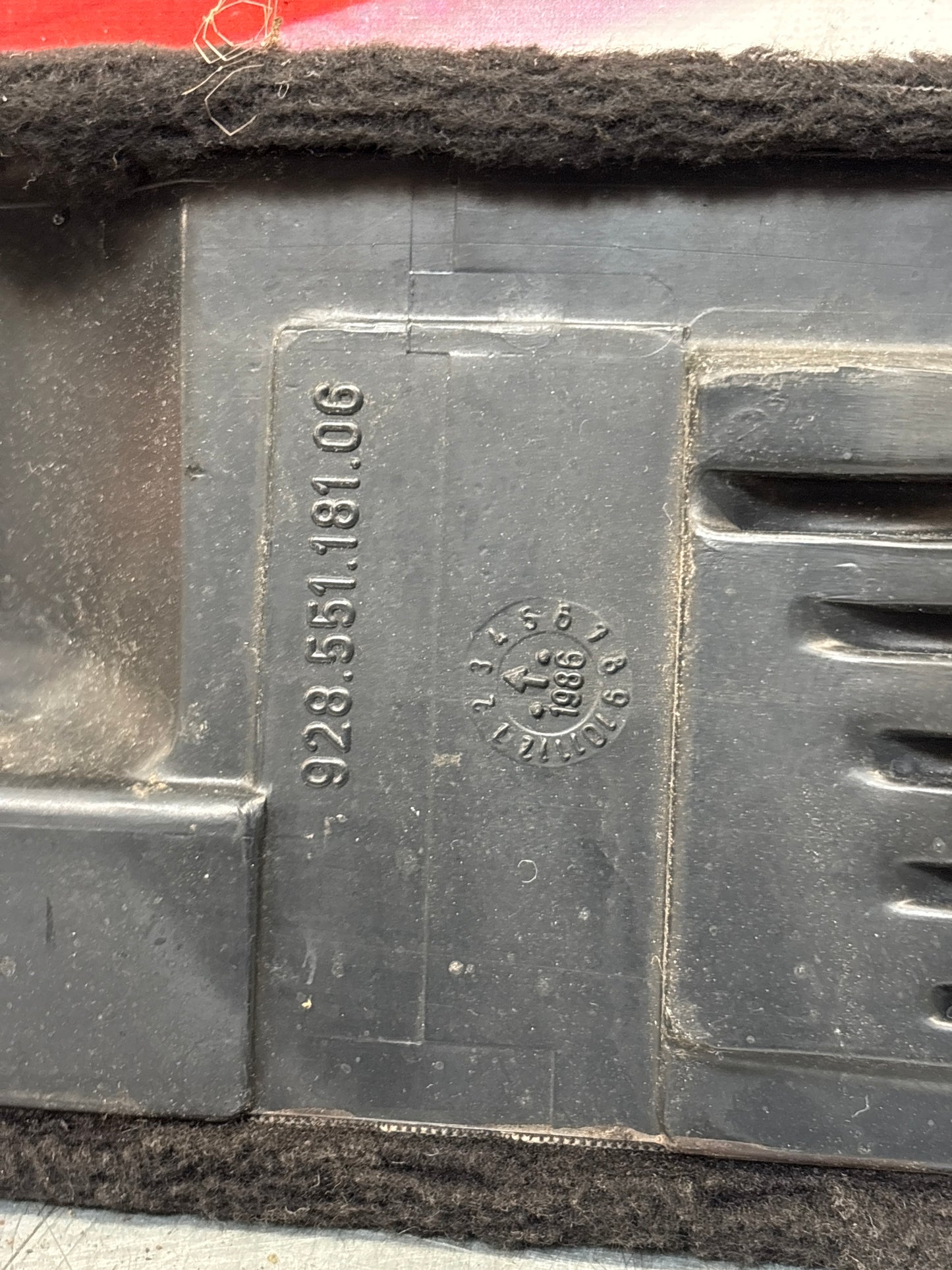 Porsche 928 greyish blue carpeted Tool kit panel cover, used 92855118106