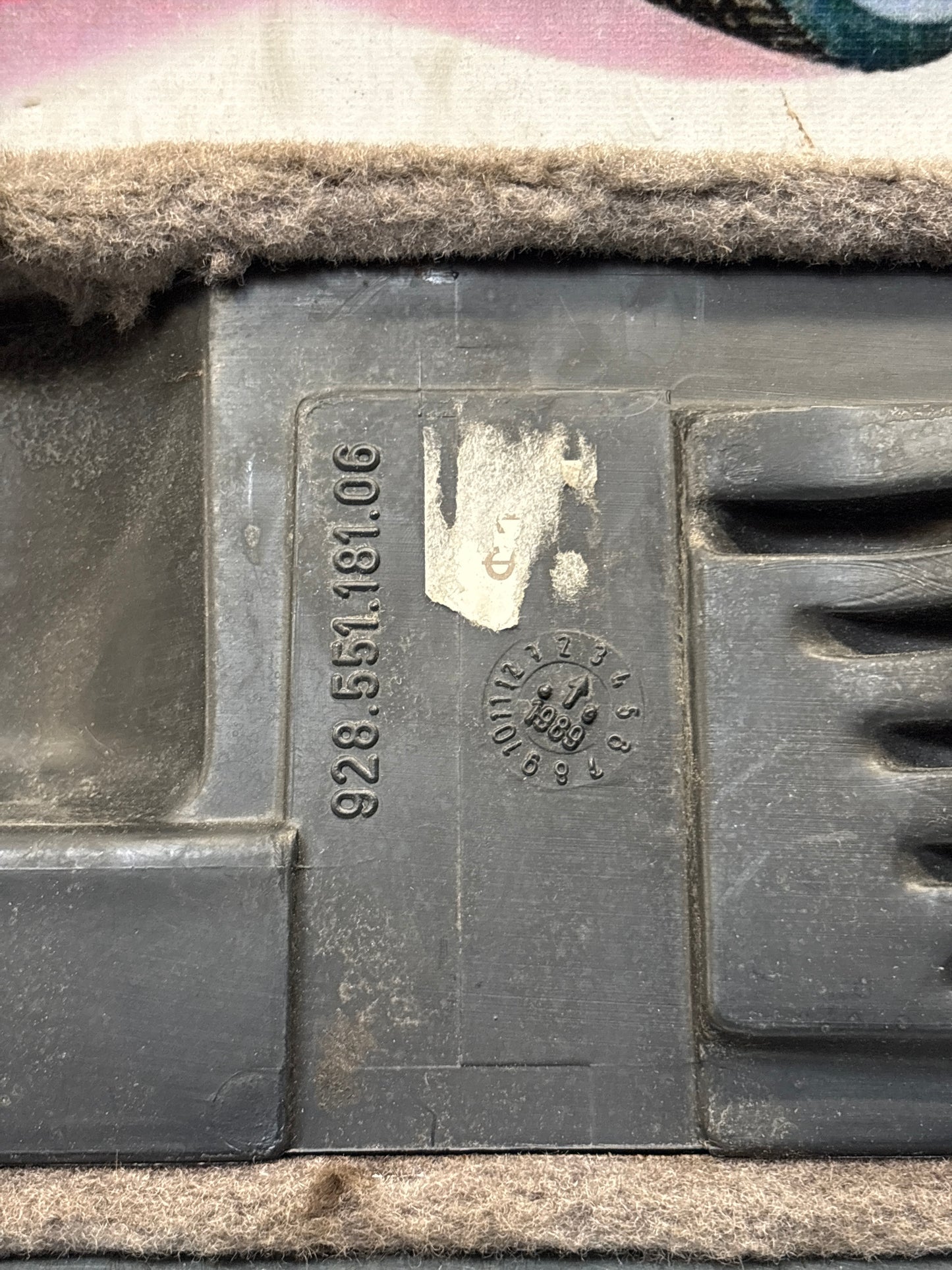 Porsche 928 grey carpeted Tool kit panel cover, used 92855118106