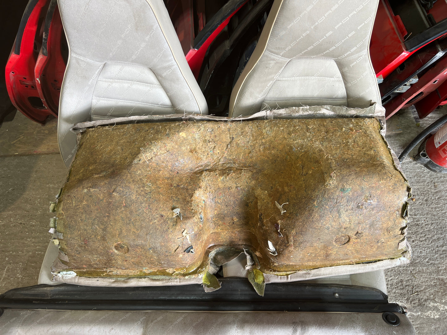 Porsche 924 944 early manual champagne seat set, front seats with Porsche scripted fabric