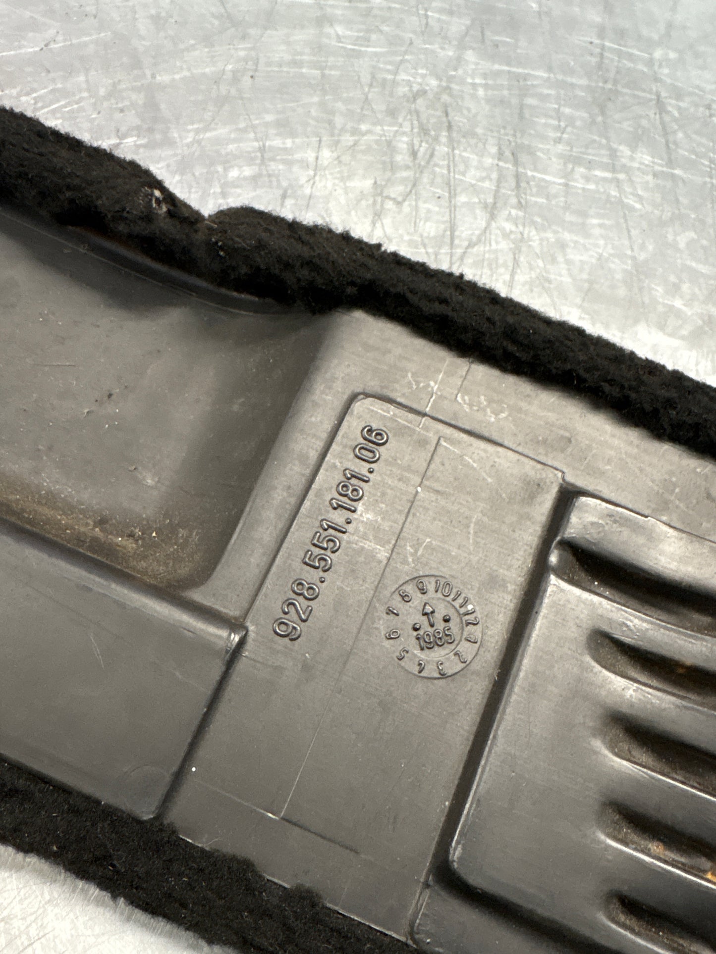 Porsche 928 black carpeted Tool kit panel cover, used 92855118106