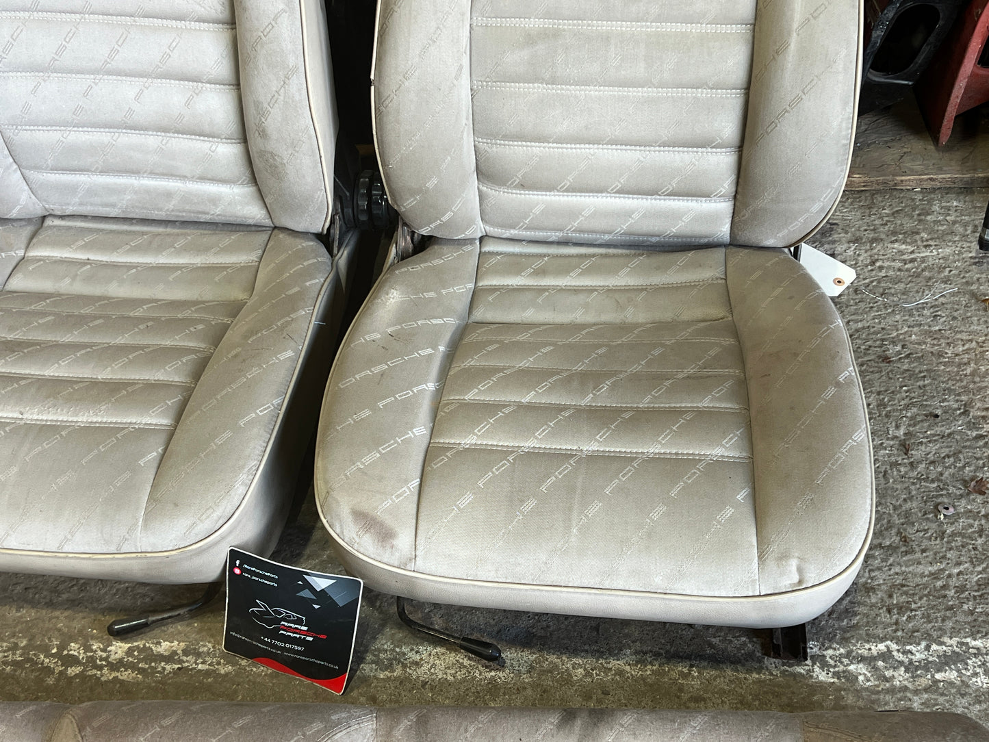 Porsche 924 944 early manual champagne seat set, front seats with Porsche scripted fabric