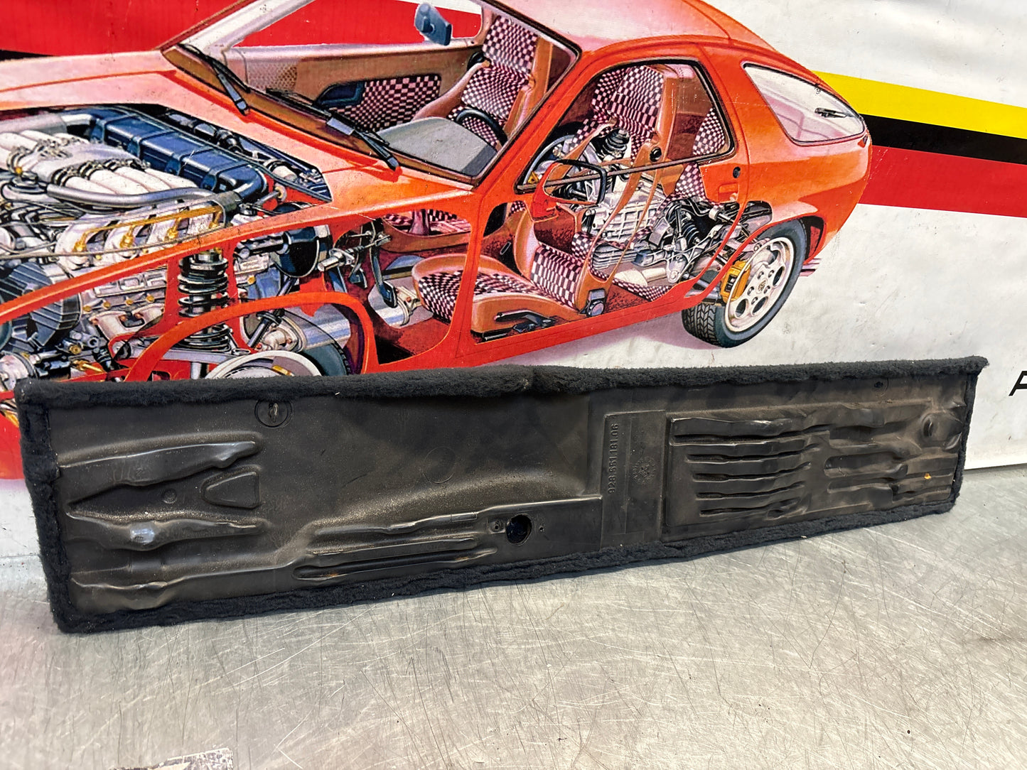 Porsche 928 black carpeted Tool kit panel cover, used 92855118106