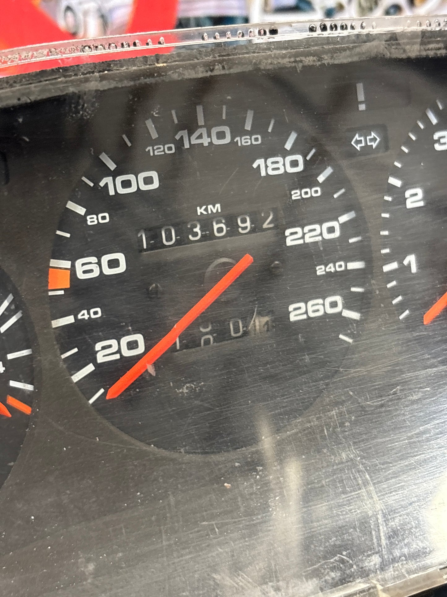 Porsche 944 dash clock binnacle pod speedometer, showing 103692 Km, used 94464131112