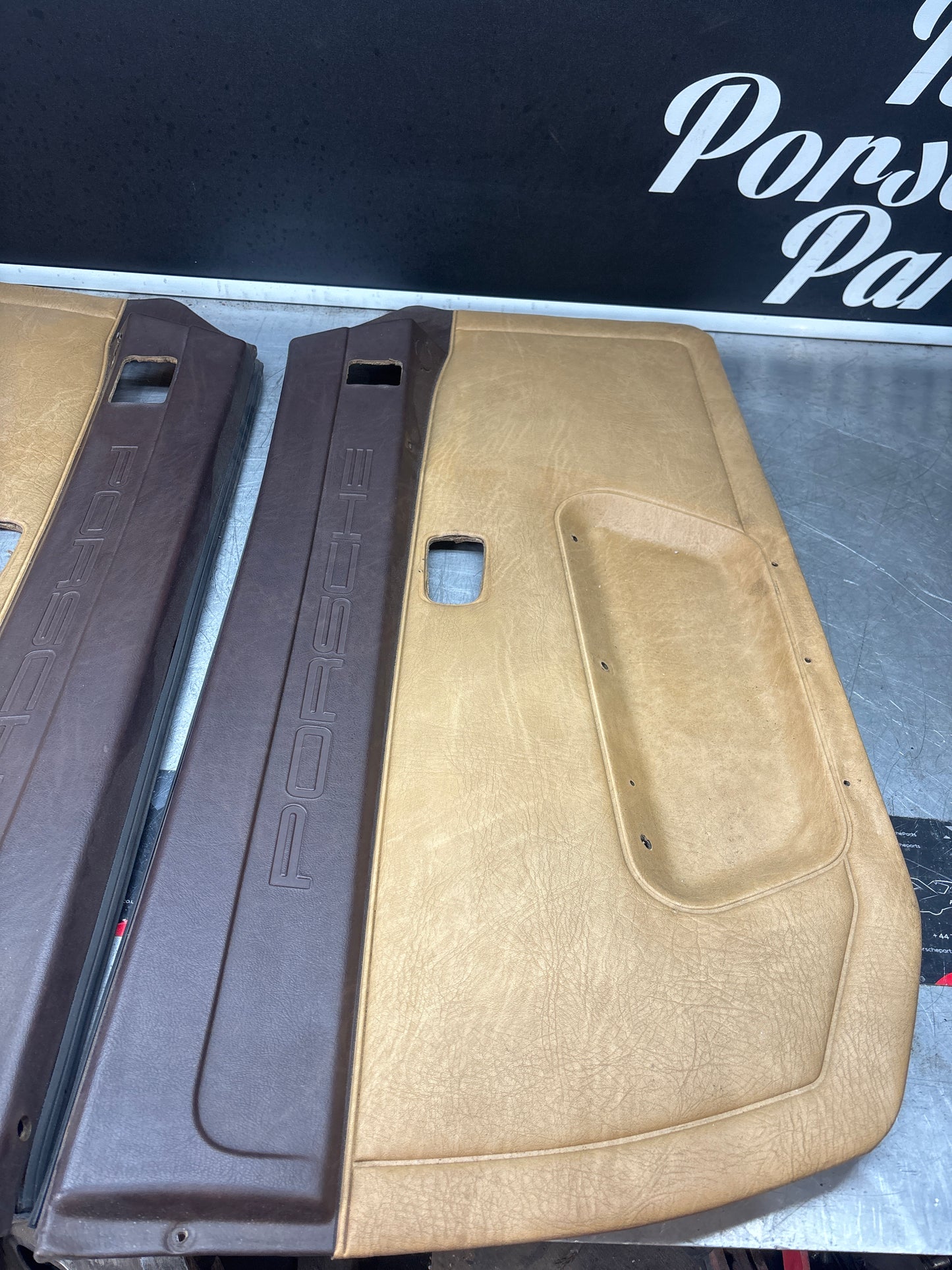 Porsche 924 944 -85.5 pair of Used RHD brown Porsche scripted door cards, 478867011 / 478867012
