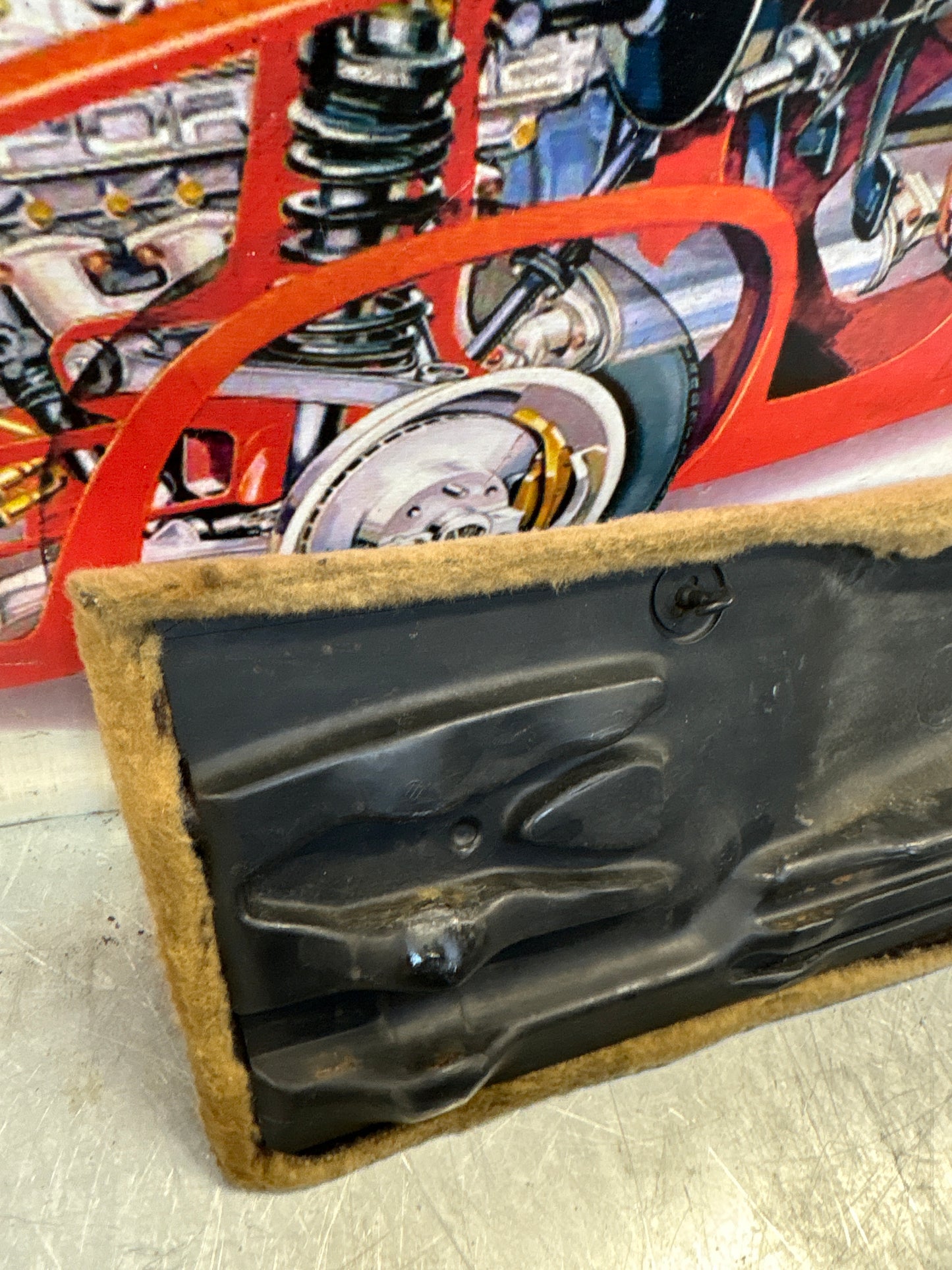 Porsche 928 greyish-beige carpeted Tool kit panel cover, used 92855118105