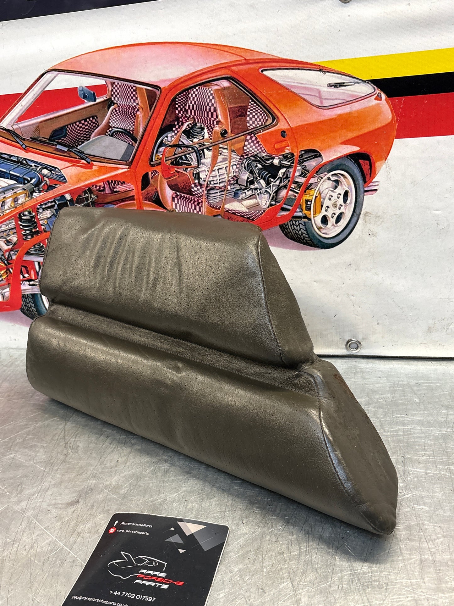 Porsche 928 rear left seat cushion, greyish green, leather, used 92852205951