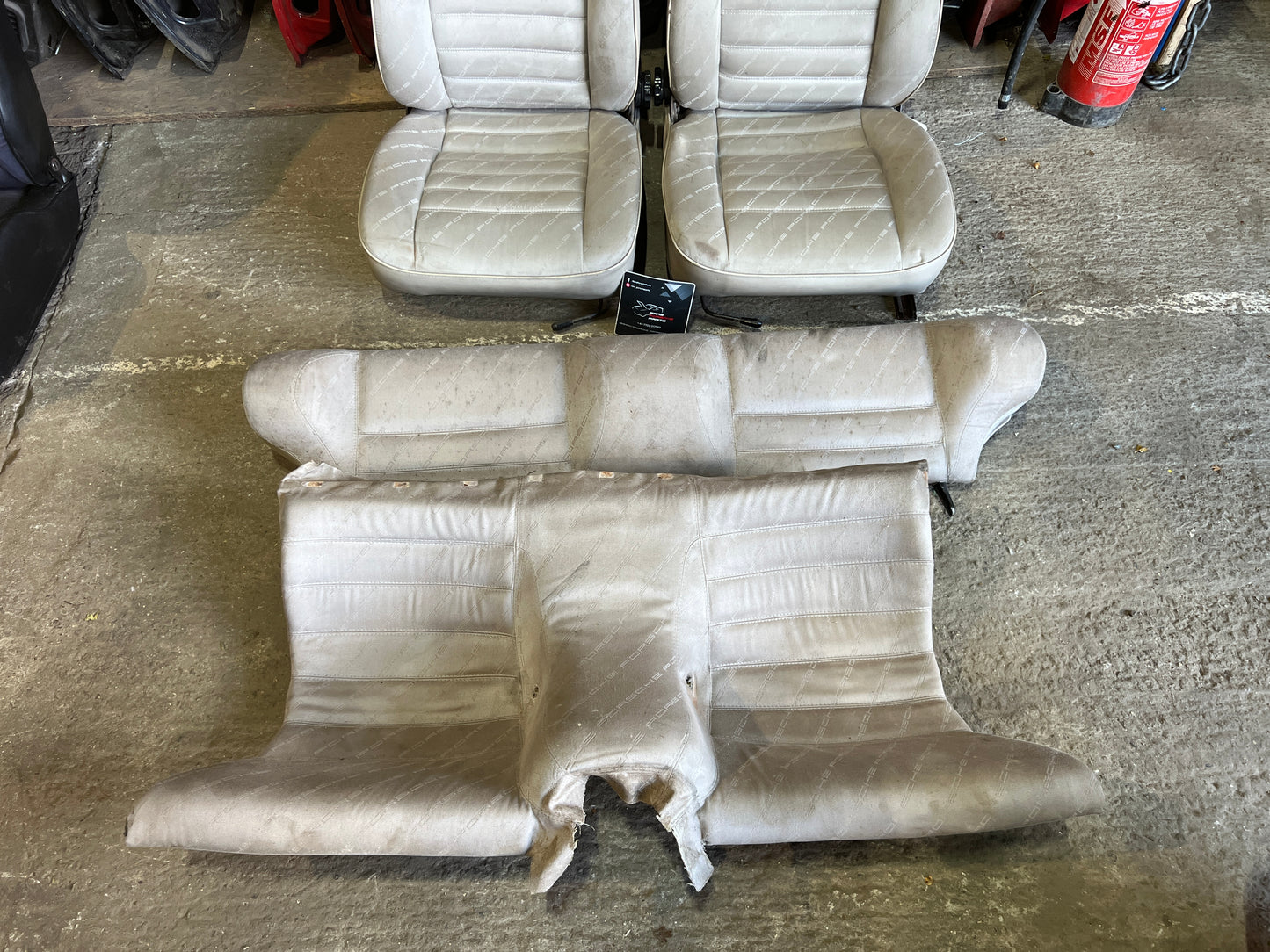 Porsche 924 944 early manual champagne seat set, front seats with Porsche scripted fabric