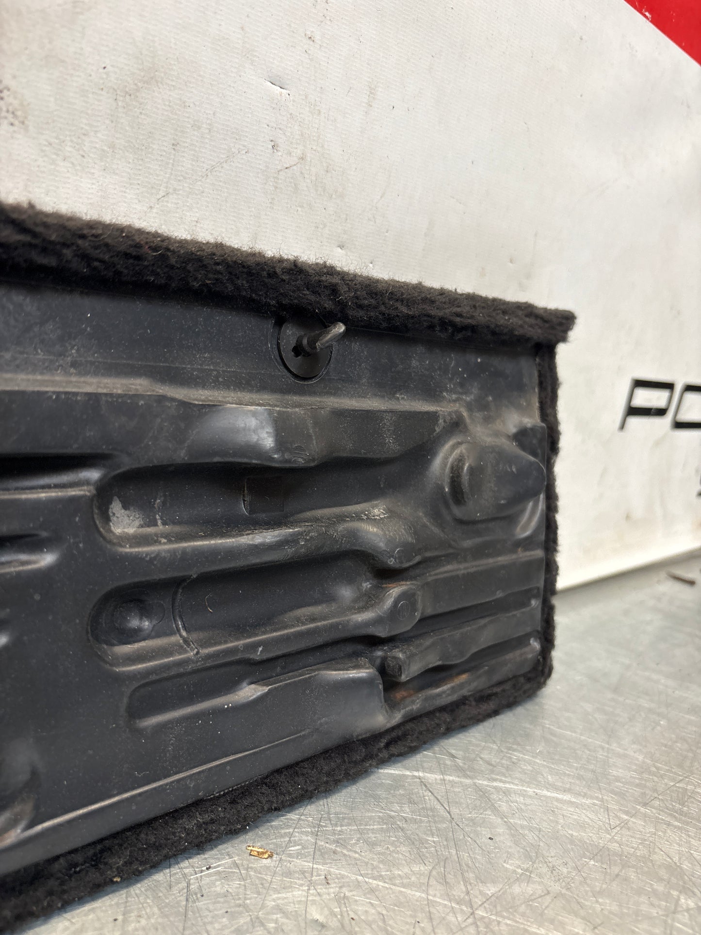 Porsche 928 greyish blue carpeted Tool kit panel cover, used 92855118106