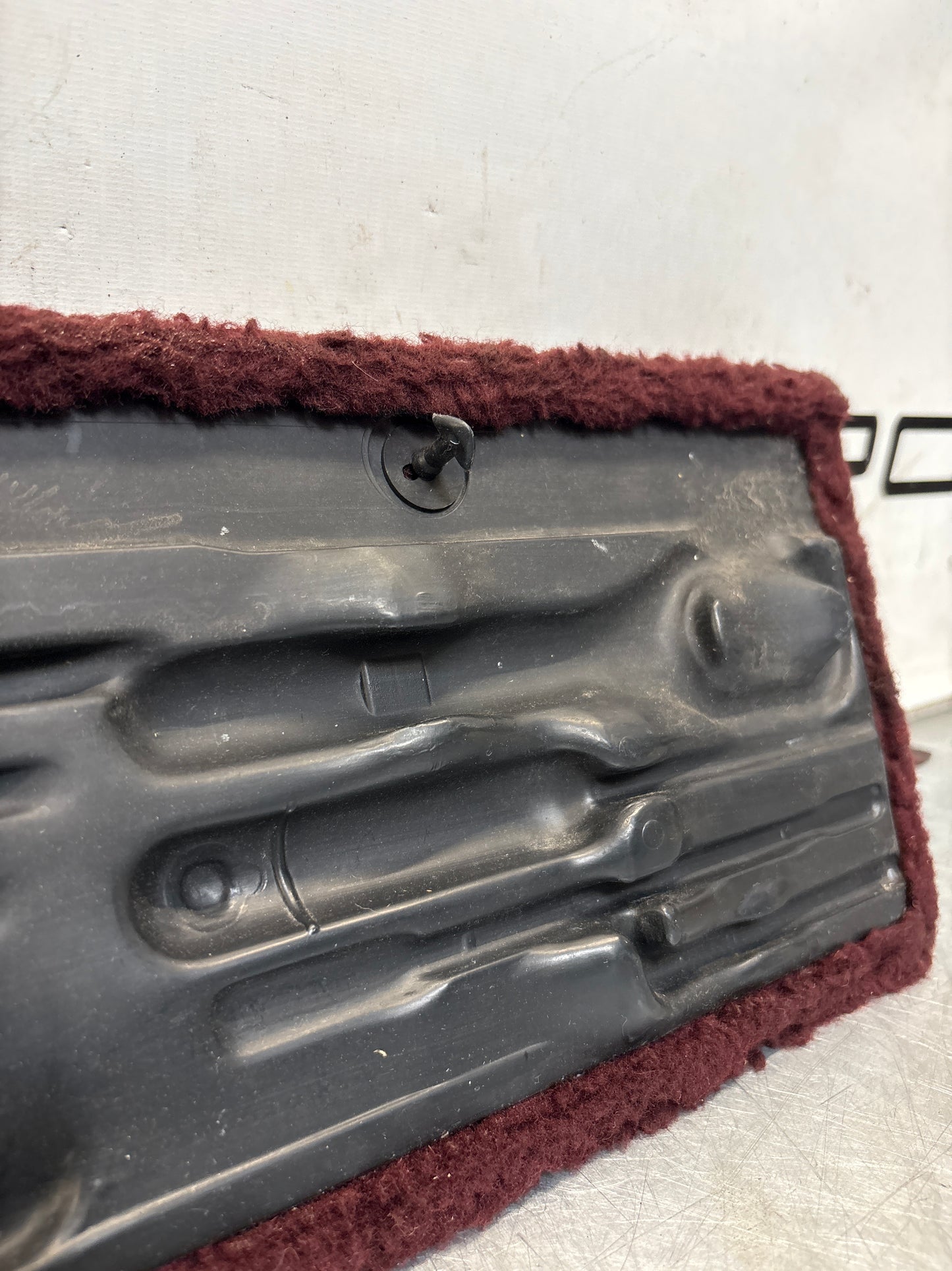 Porsche 928 burgundy carpeted Tool kit panel cover, used 92855118106