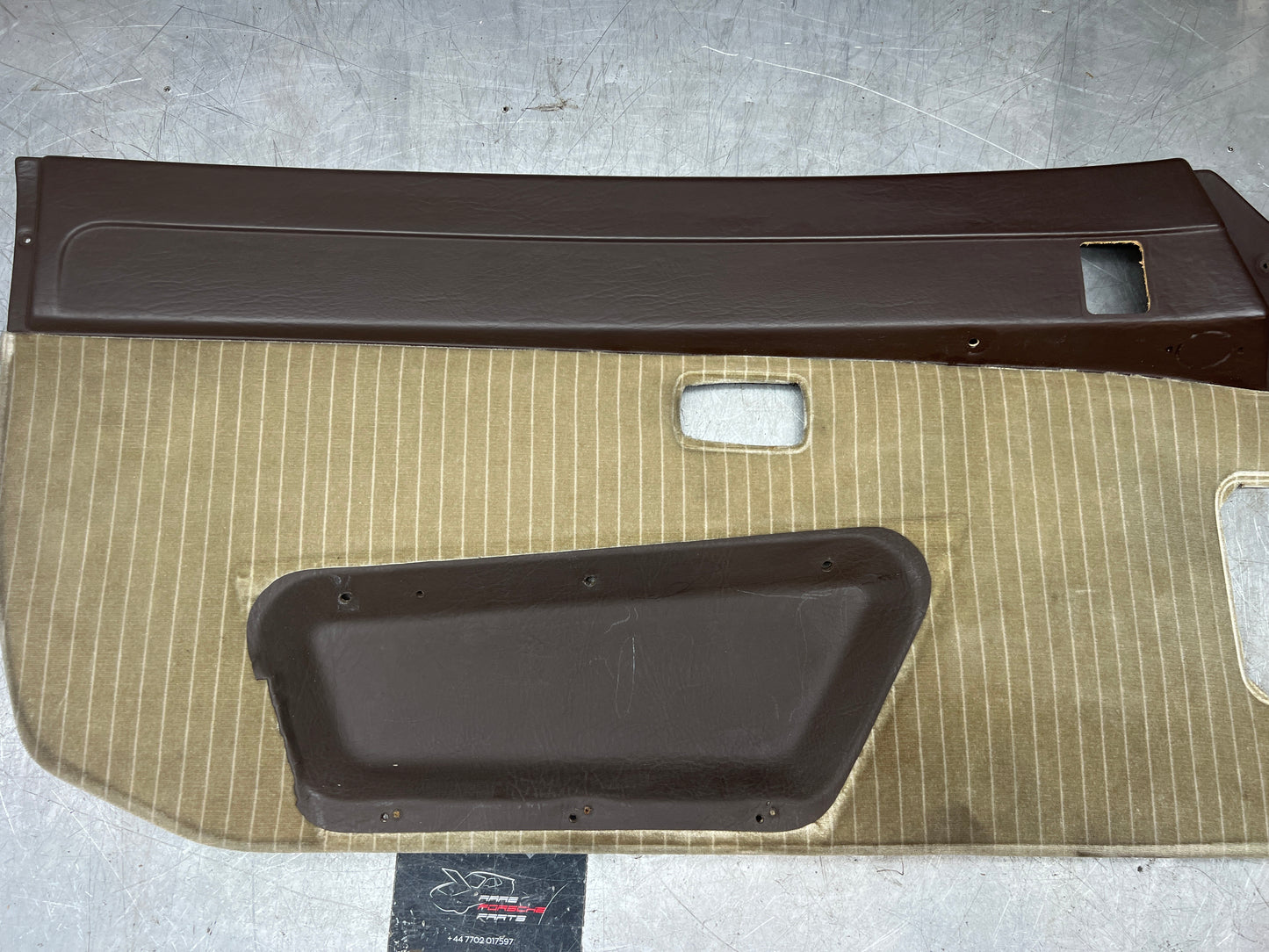 Porsche 924/944 early Porsche brown / white pinstripe door card used condition left side, Rhd, 478867011