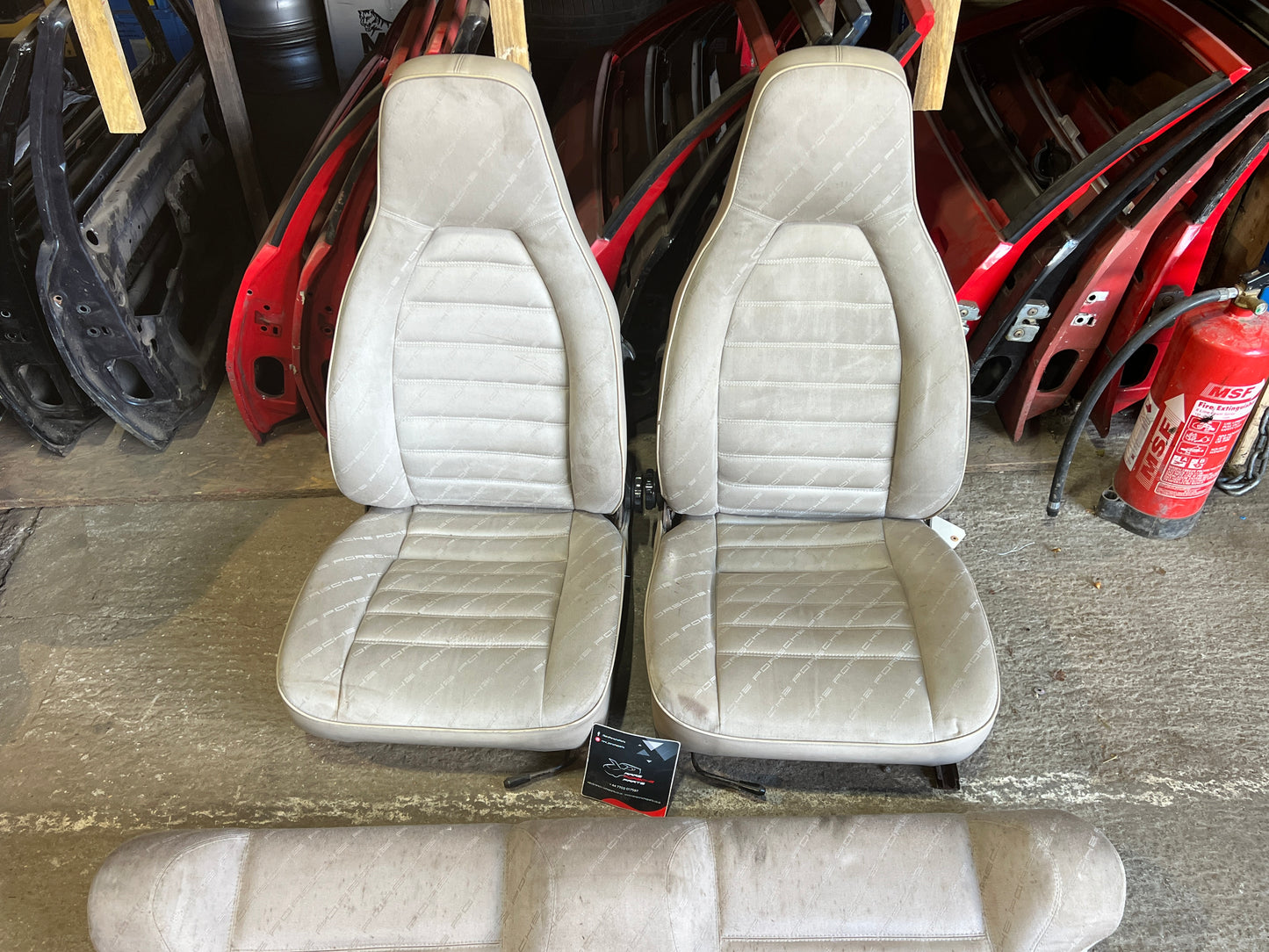 Porsche 924 944 early manual champagne seat set, front seats with Porsche scripted fabric