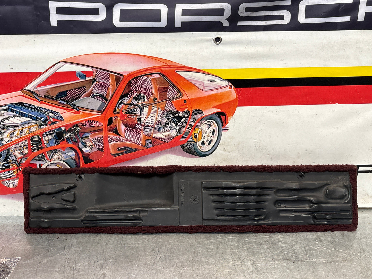 Porsche 928 burgundy carpeted Tool kit panel cover, used 92855118106