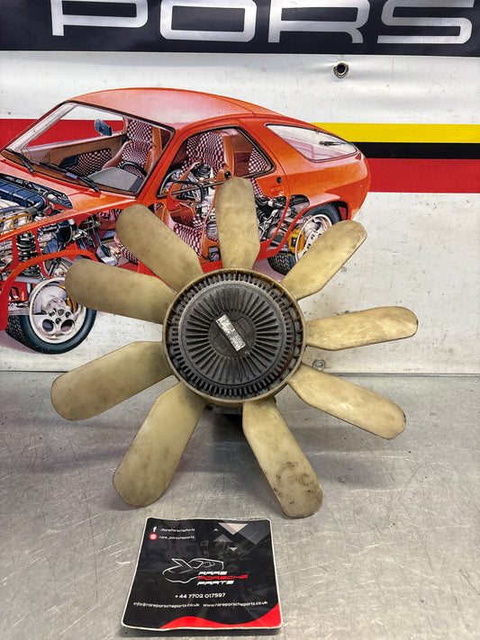 Porsche 928 late engine cooling fan clutch with bracket, used 92810611205 / 92810613701 / 9281061104R