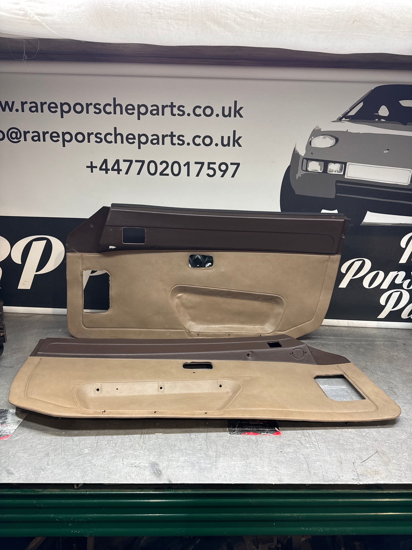 Porsche 924/944 early Porsche brown / cream door card pair. used condition left side, Rhd, 478867011