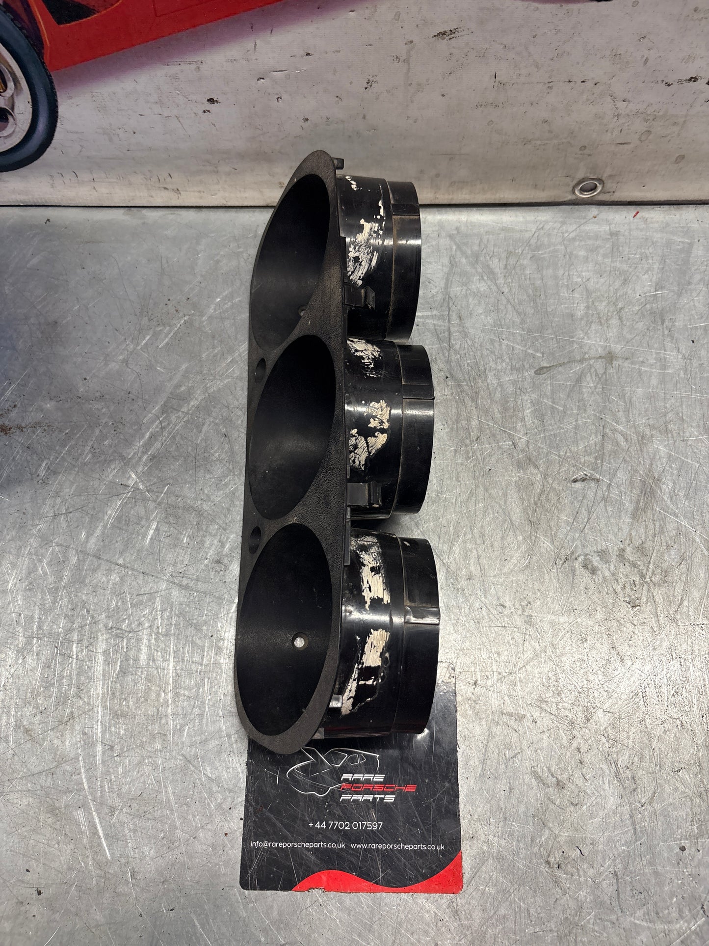 Porsche 924 early dash binnacle dial panel speedo surround 477857283 black, used without high beam hole