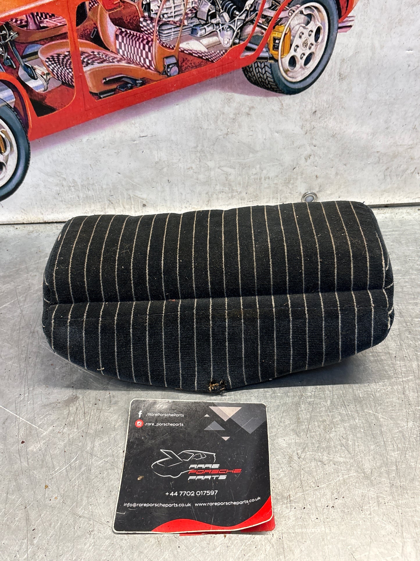 Porsche 928 rear right seat upper cushion, carpeted, black pinstripe, used 92852204650