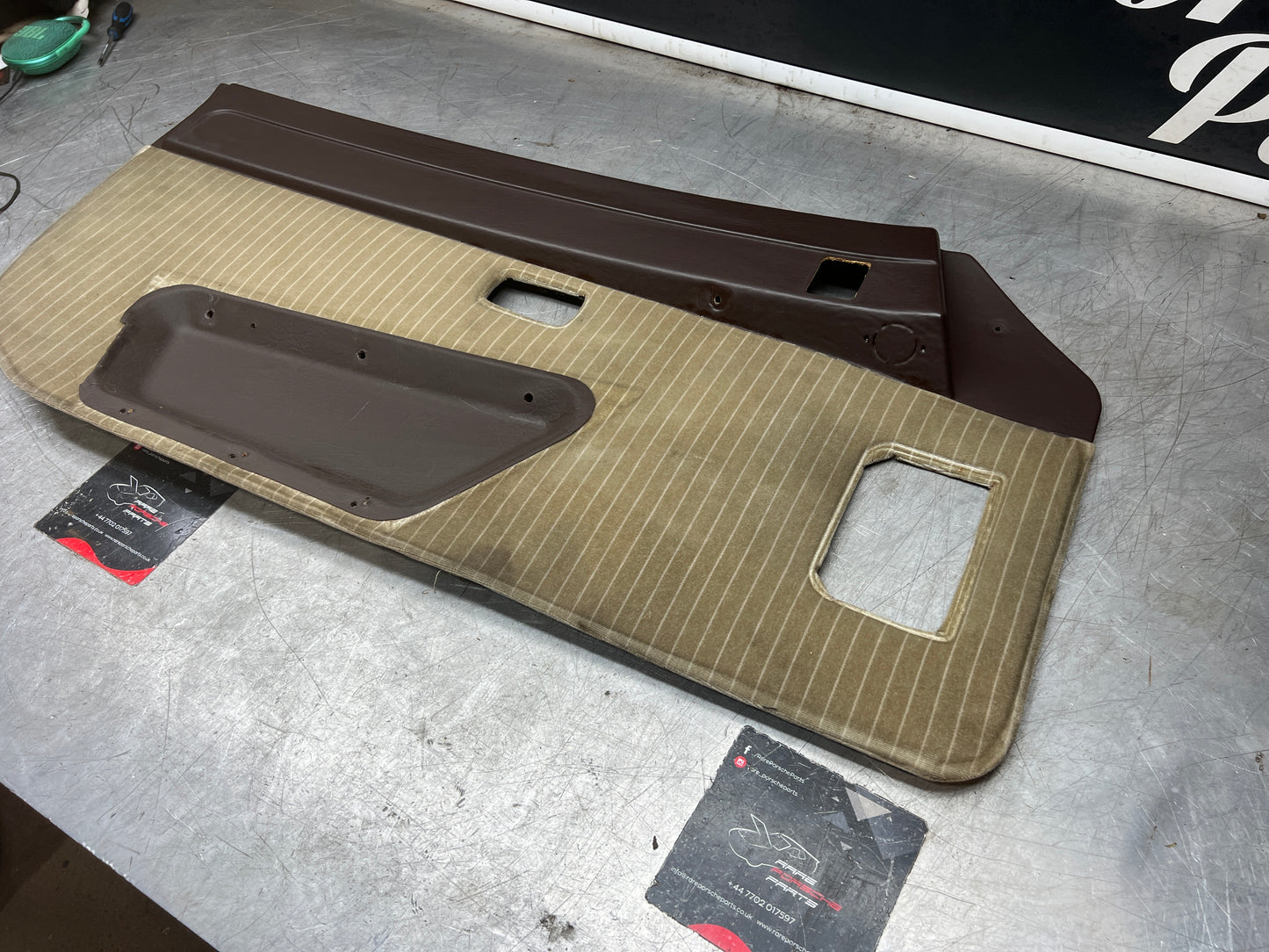 Porsche 924/944 early Porsche brown / white pinstripe door card used condition left side, Rhd, 478867011