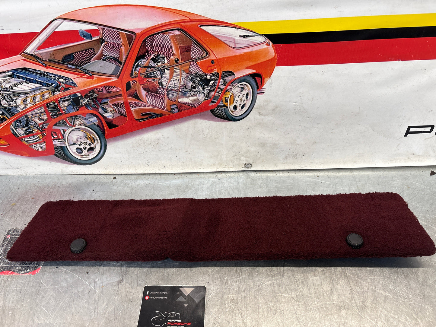 Porsche 928 burgundy carpeted Tool kit panel cover, used 92855118106