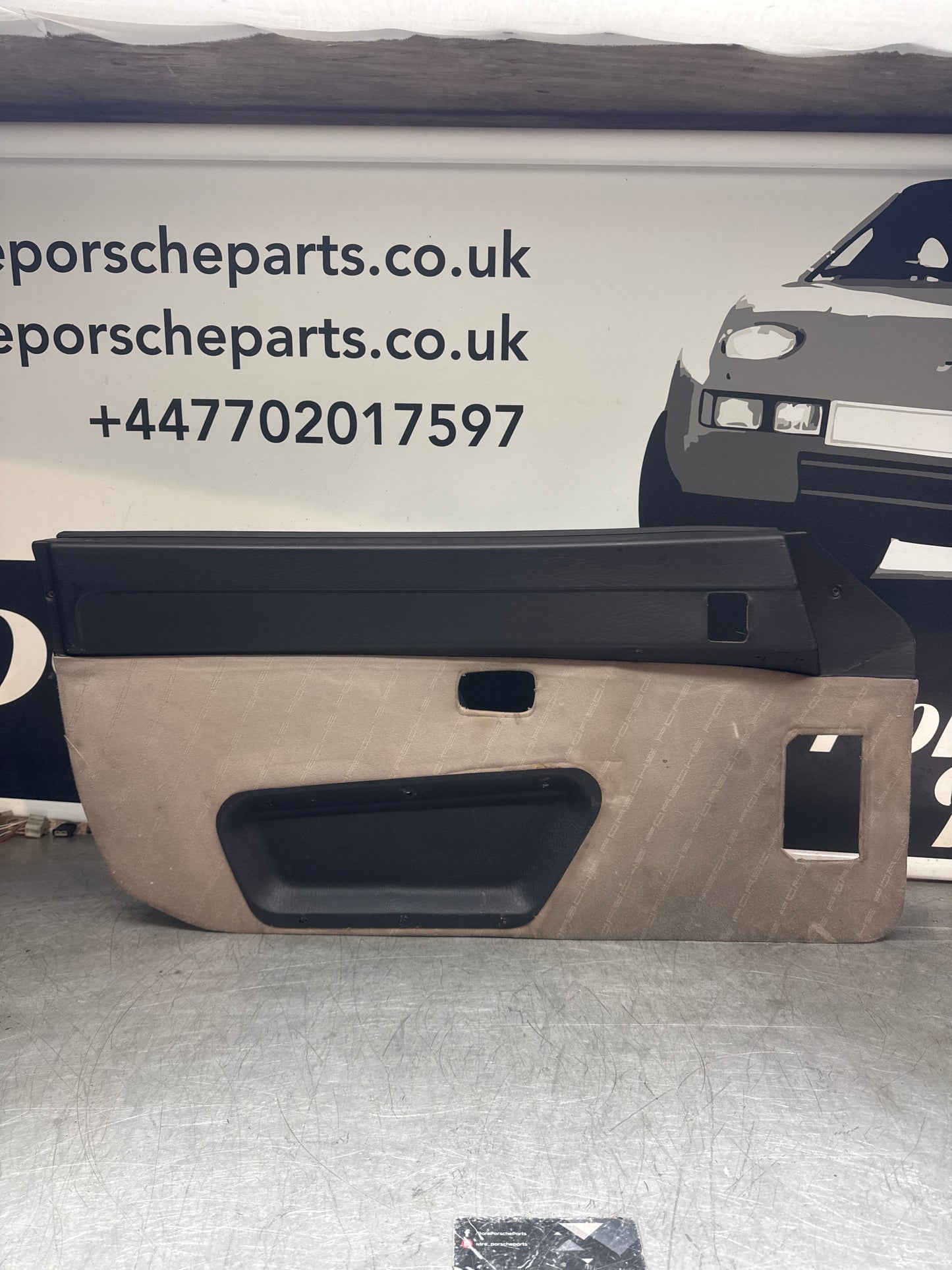 Porsche 924 / Early 944 Black Porsche script door cards. Right Hand Drive, Used. 478867011. Fibreglass repaired