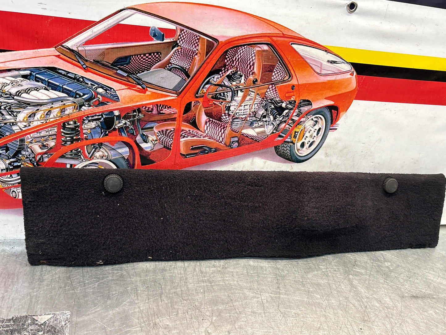 Porsche 928 black carpeted Tool kit panel cover, used 92855118105