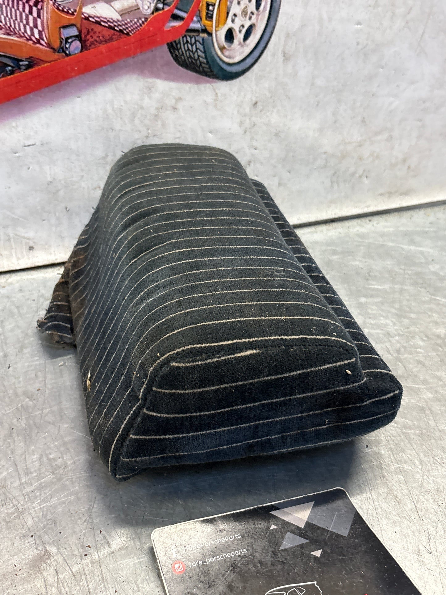 Porsche 928 rear right seat upper cushion, carpeted, black pinstripe, used 92852204650