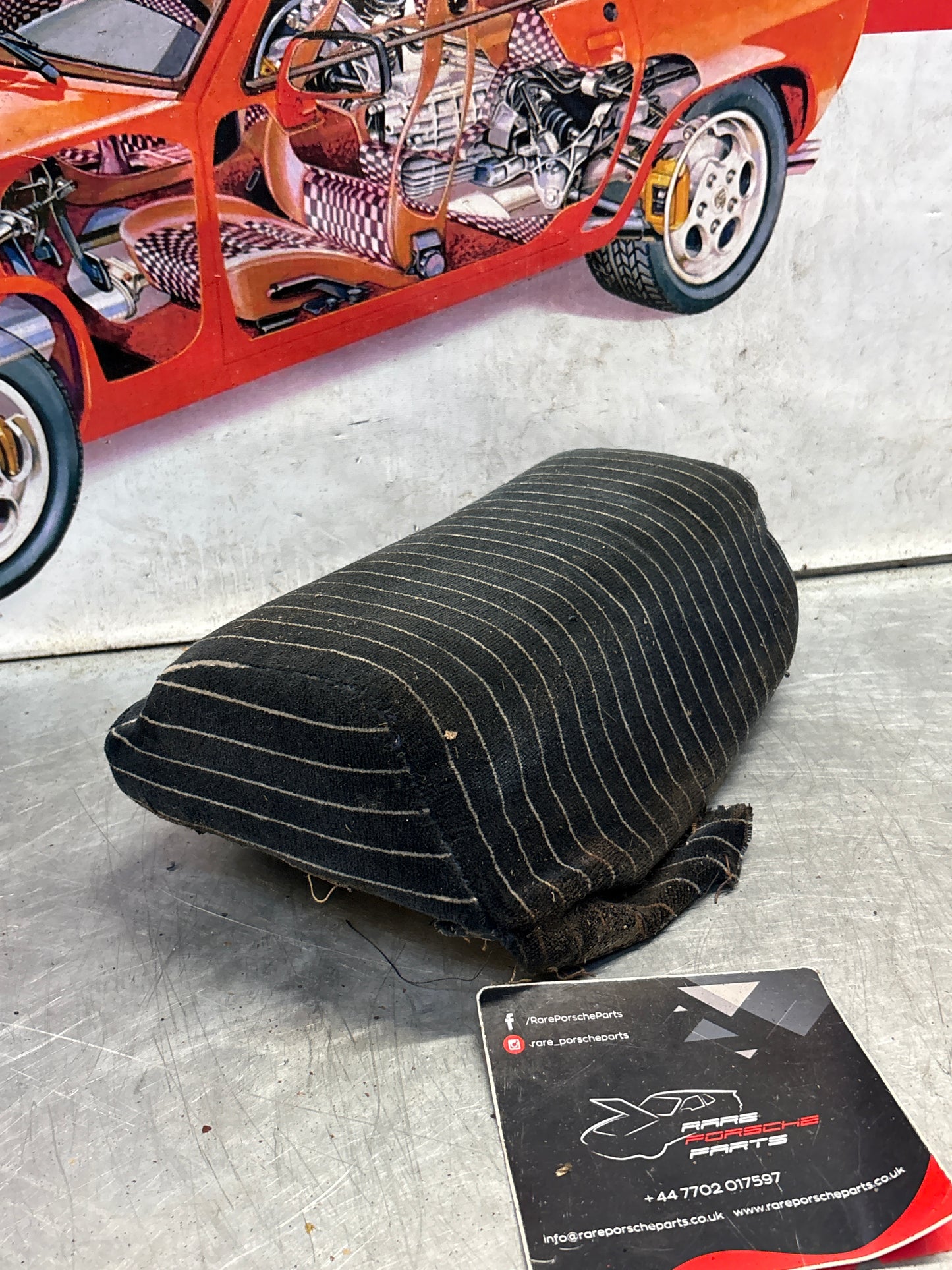 Porsche 928 rear right seat upper cushion, carpeted, black pinstripe, used 92852204650