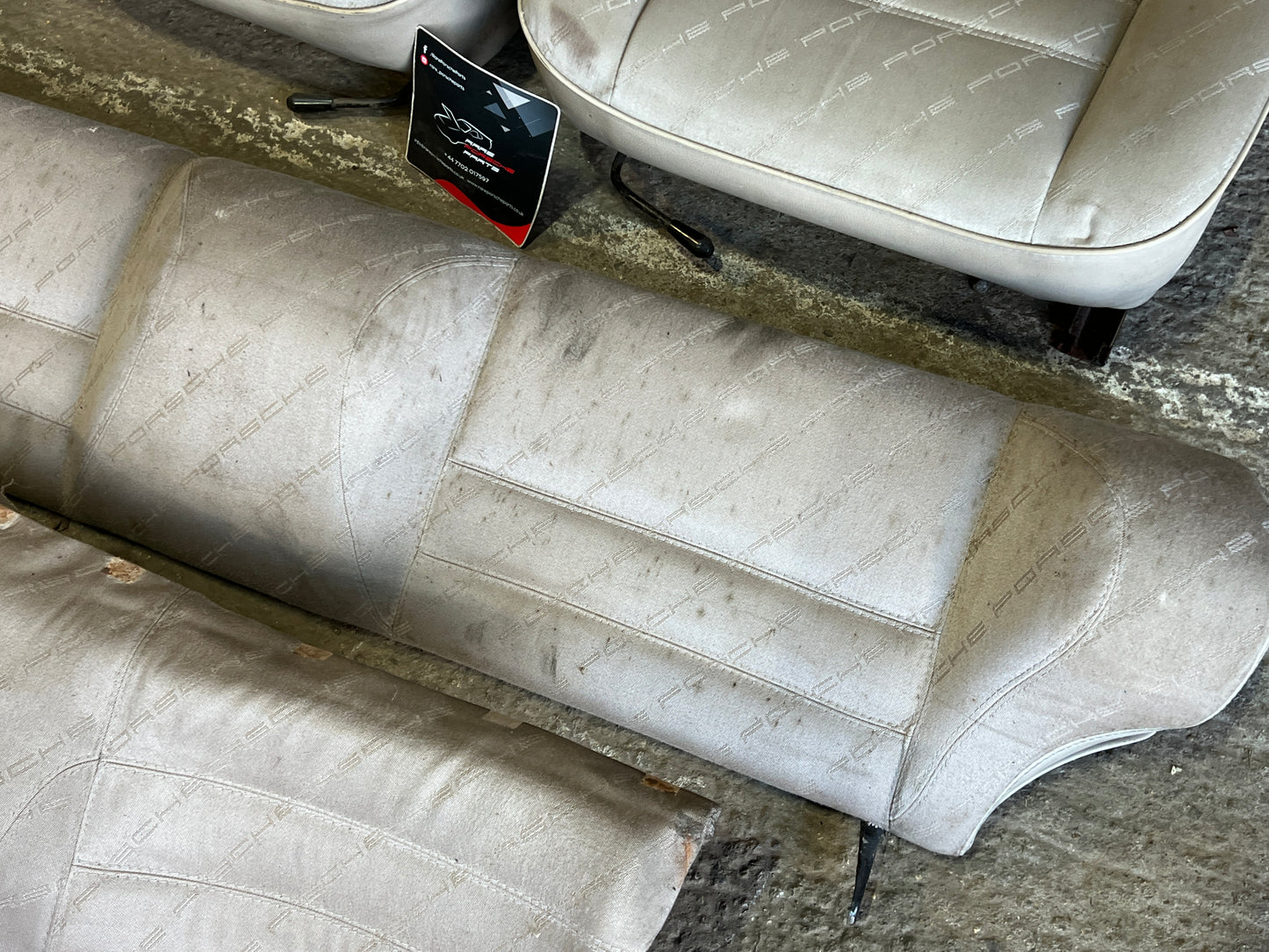 Porsche 924 944 early manual champagne seat set, front seats with Porsche scripted fabric