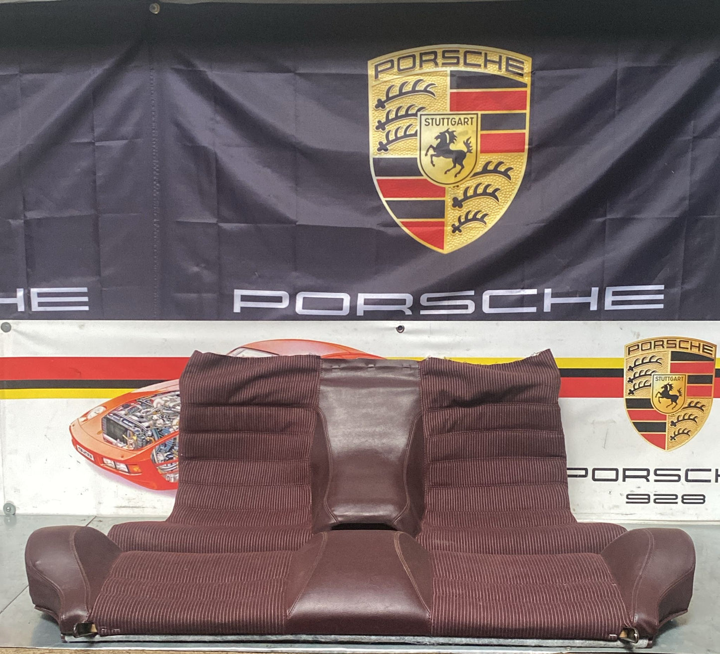 Porsche 944 924S refurbished rear seat, burgundy/white pinstripe
