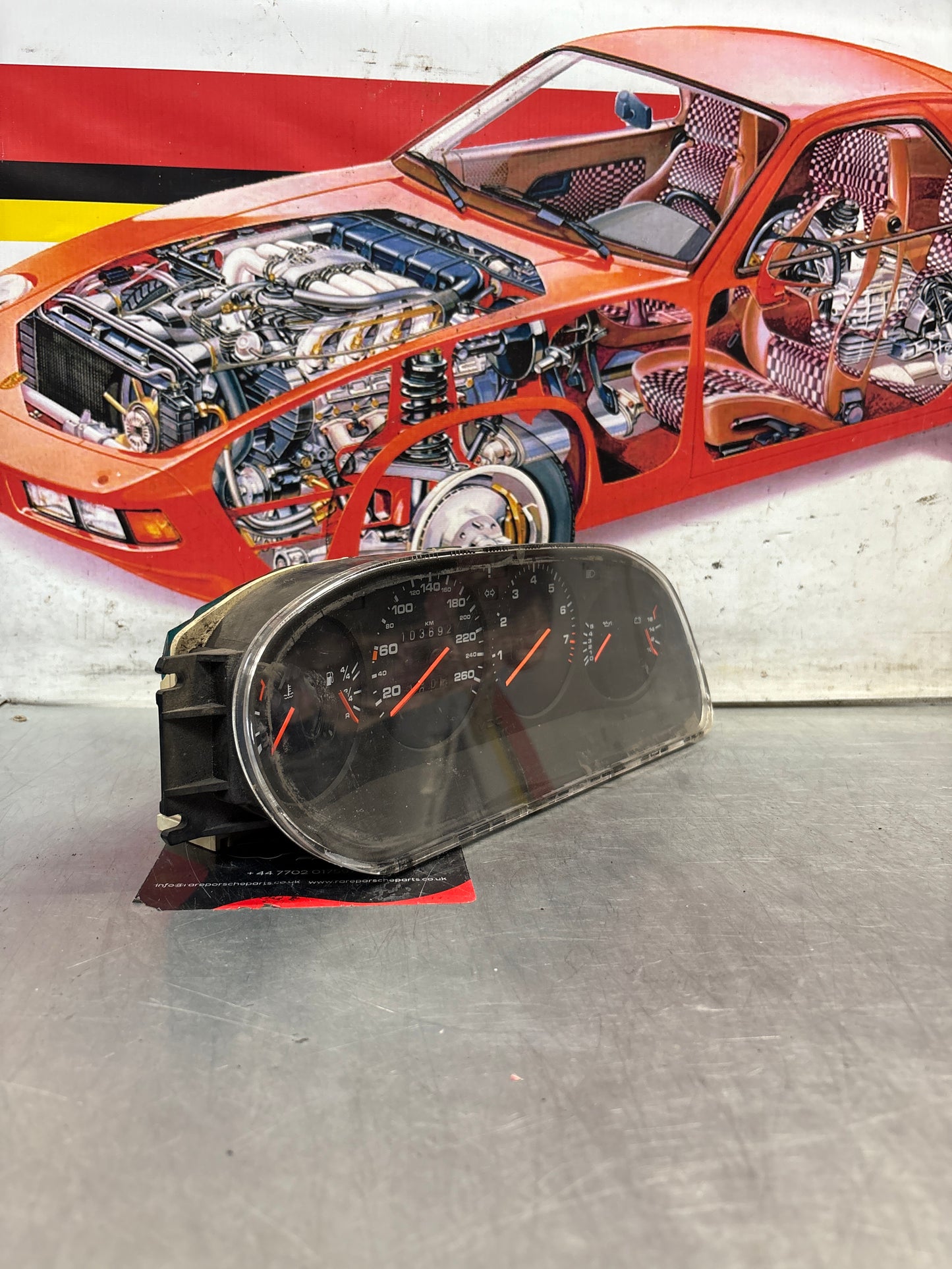 Porsche 944 dash clock binnacle pod speedometer, showing 103692 Km, used 94464131112