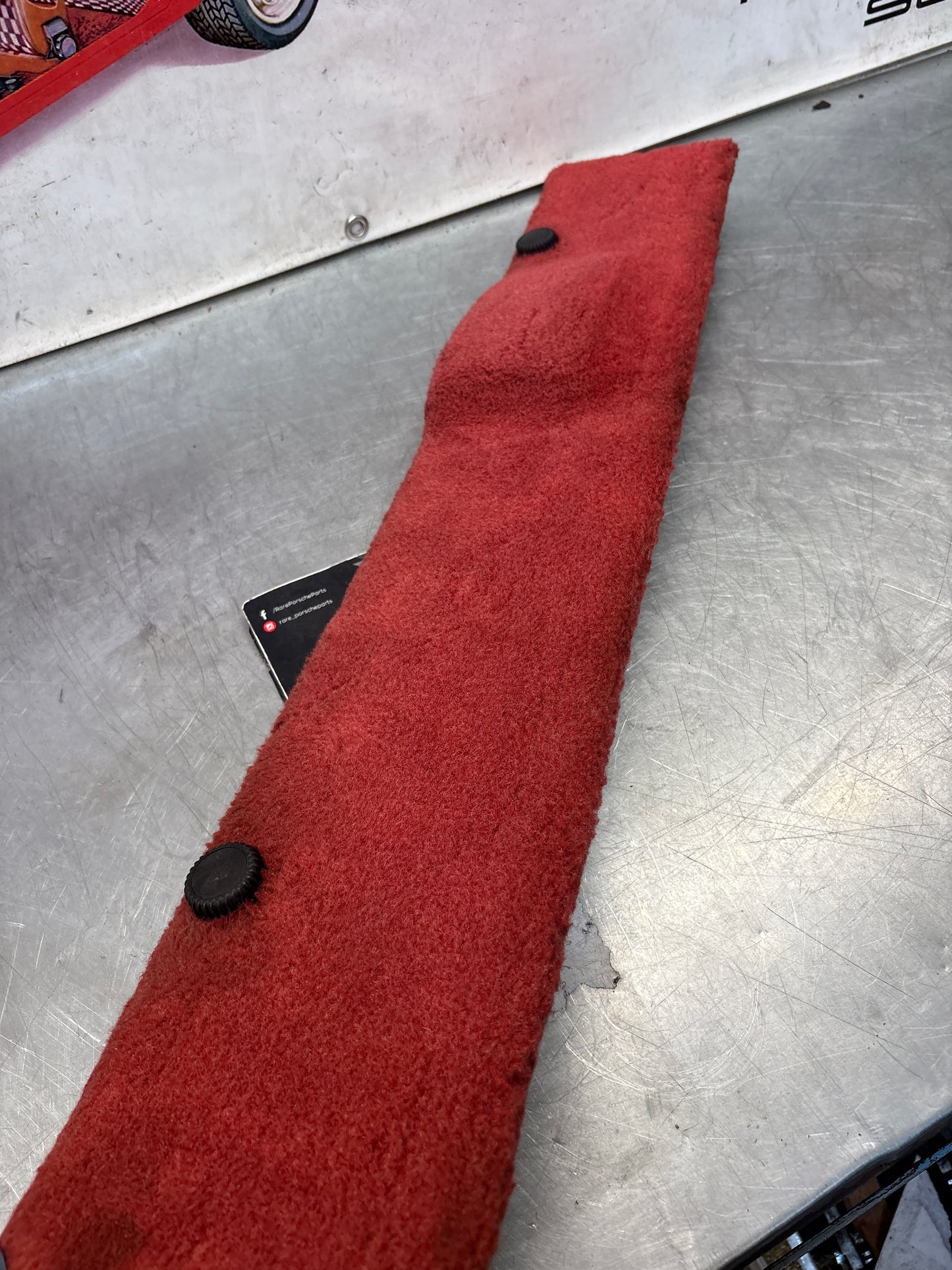 Porsche 928 can-can red carpeted Tool kit panel cover, used 92855118106