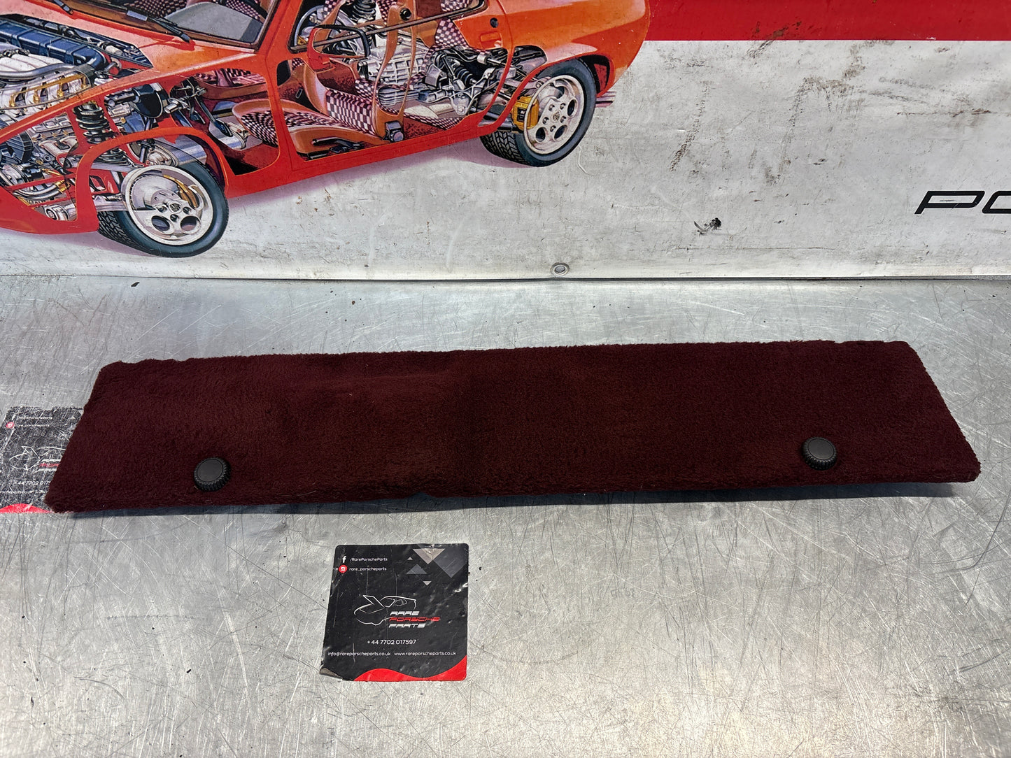 Porsche 928 burgundy carpeted Tool kit panel cover, used 92855118105