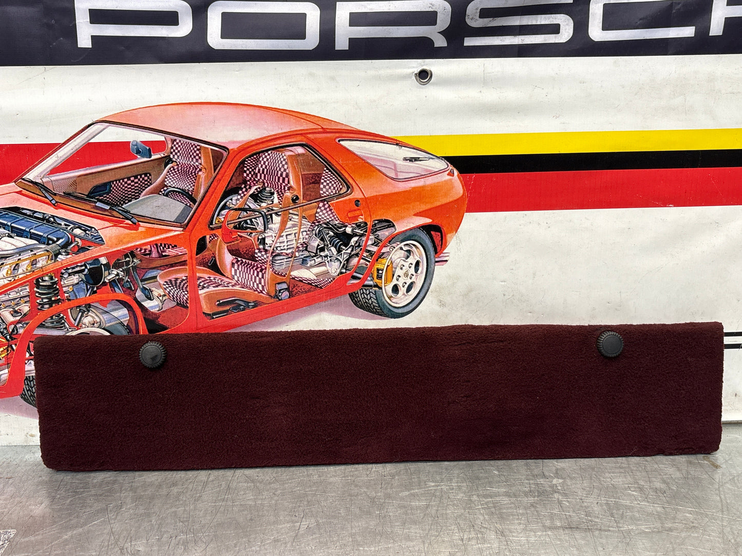 Porsche 928 burgundy carpeted Tool kit panel cover, used 92855118105