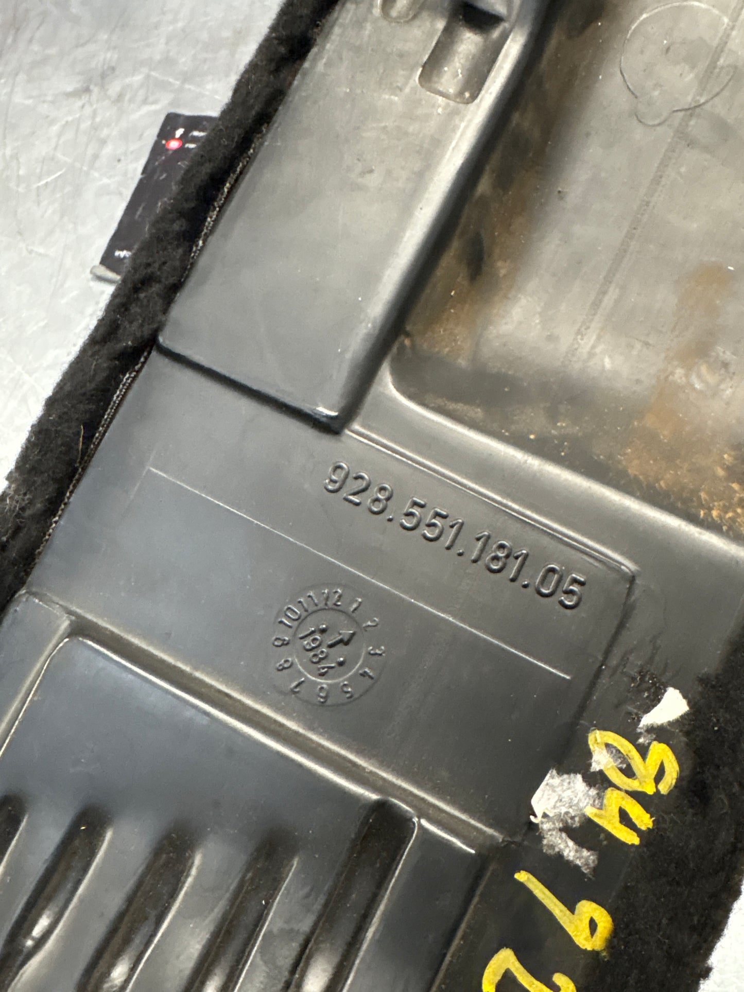 Porsche 928 black carpeted Tool kit panel cover, used 92855118105