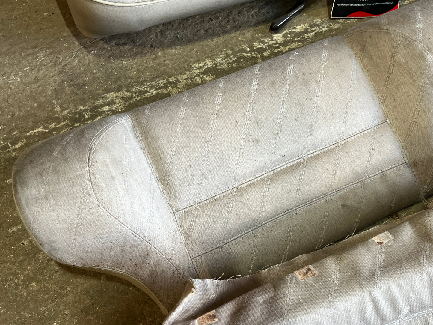 Porsche 924 944 early manual champagne seat set, front seats with Porsche scripted fabric