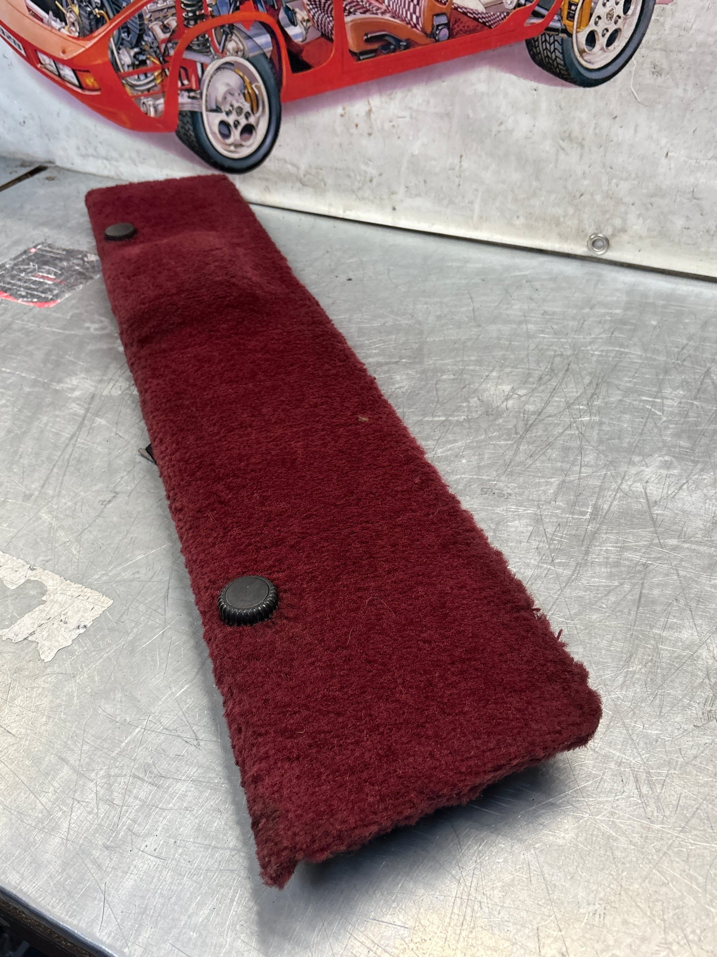 Porsche 928 burgundy carpeted Tool kit panel cover, used 92855118106