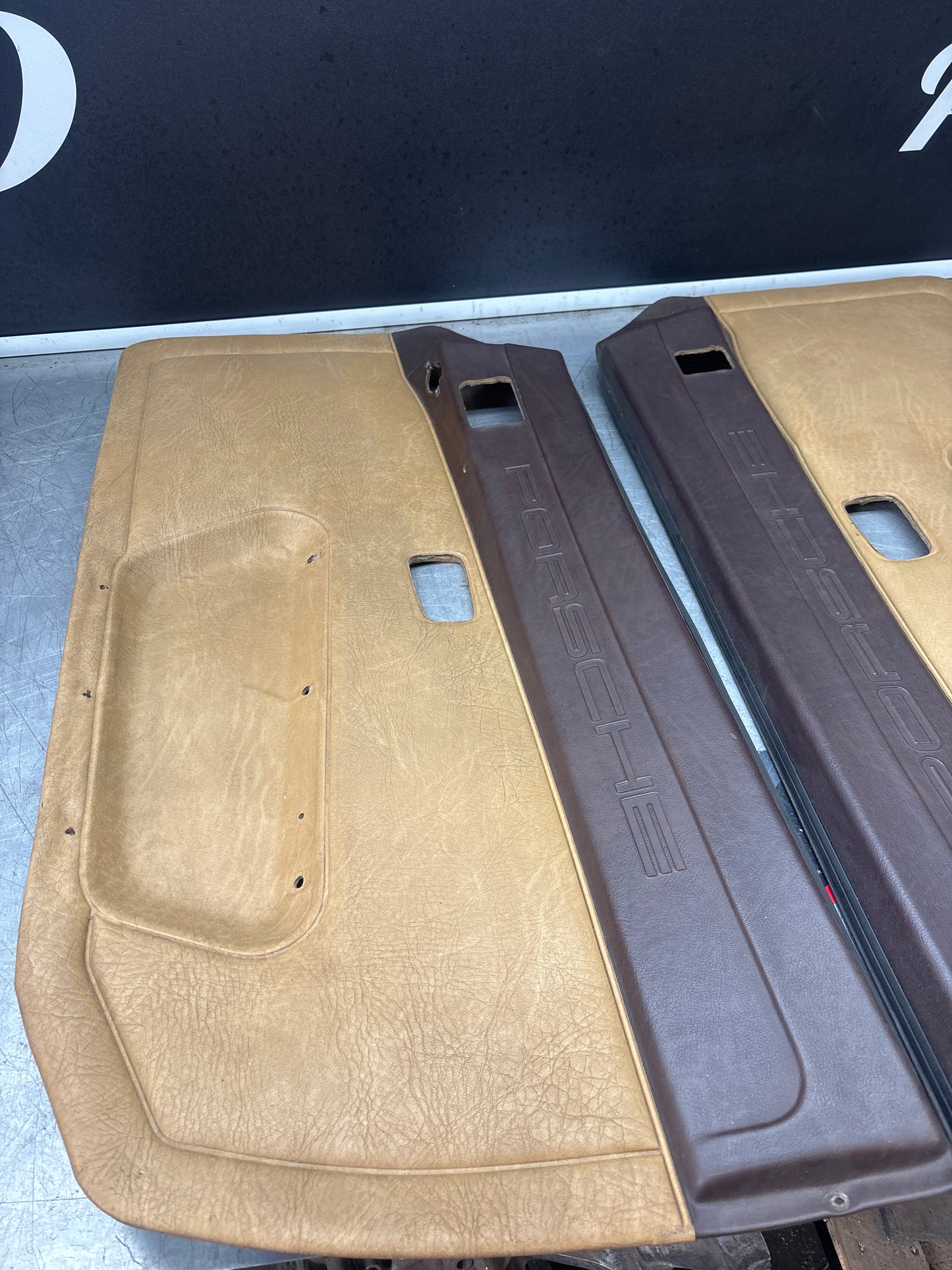 Porsche 924 944 -85.5 pair of Used RHD brown Porsche scripted door cards, 478867011 / 478867012