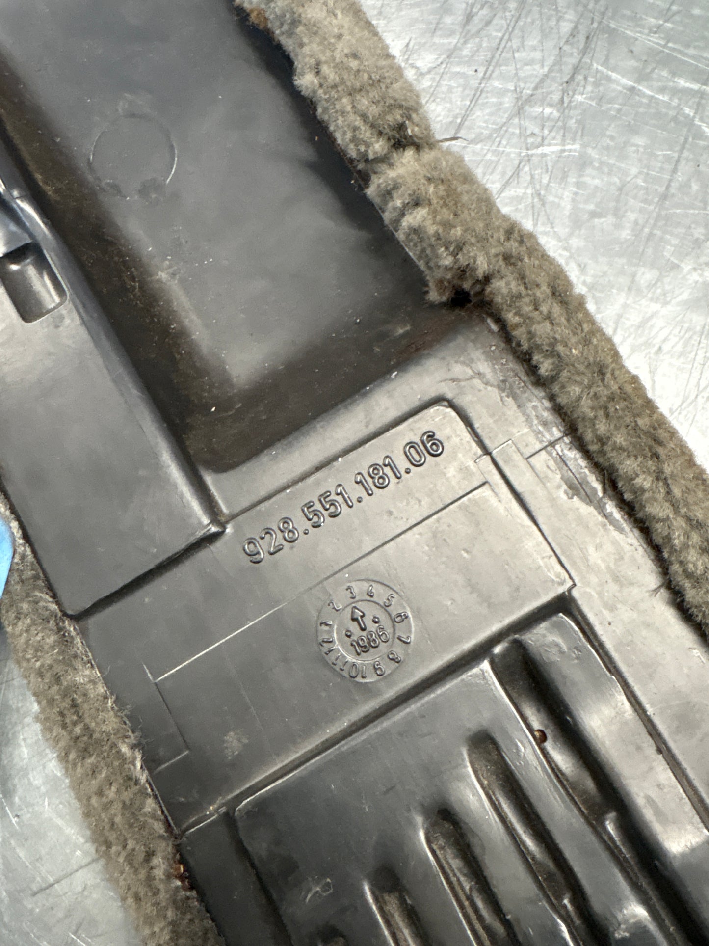 Porsche 928 grey carpeted Tool kit panel cover, used 92855118106