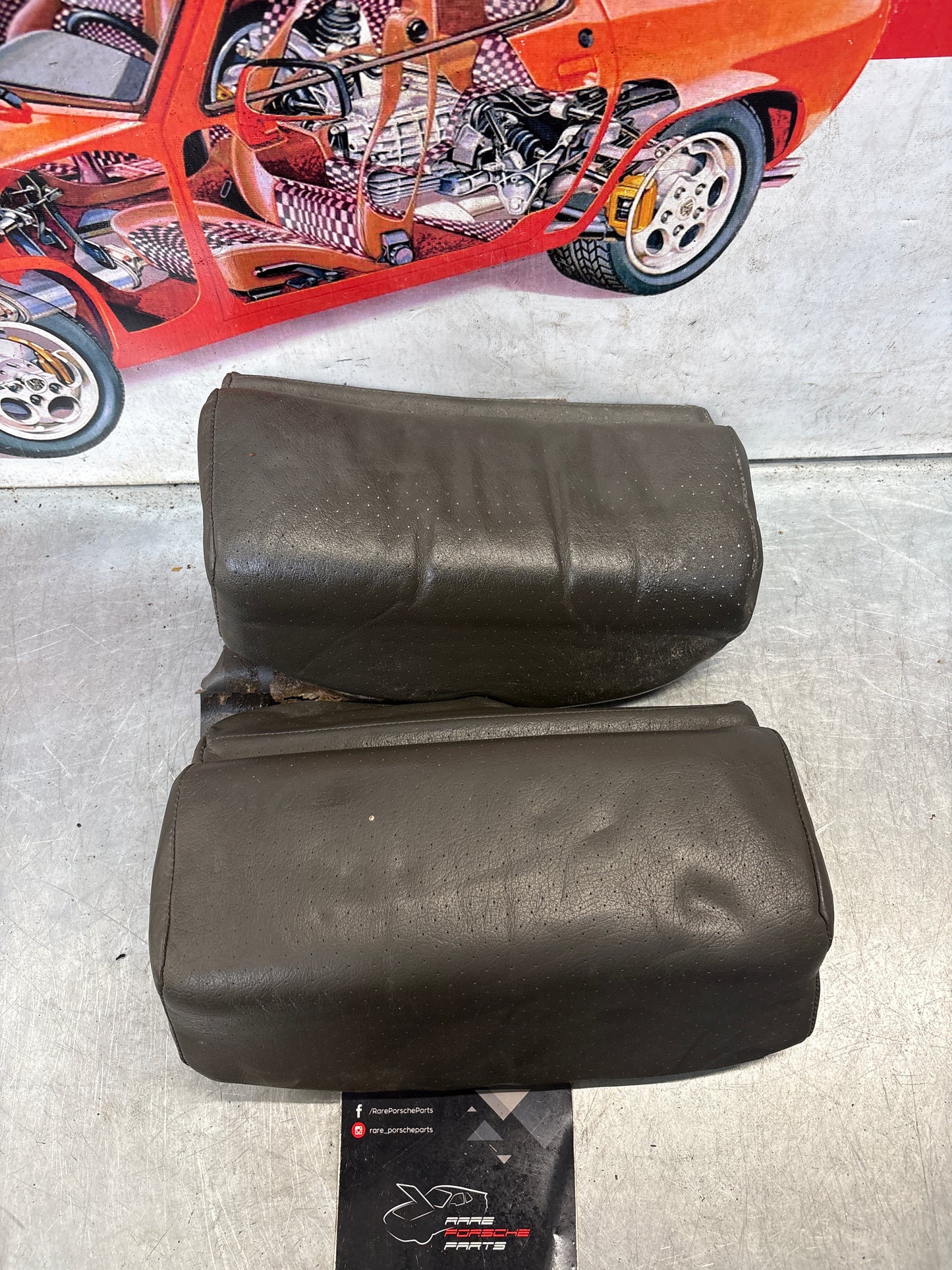 Porsche 928 rear left seat upper and middle cushion, leather, greyish green, used 92852204550 / 92852208751