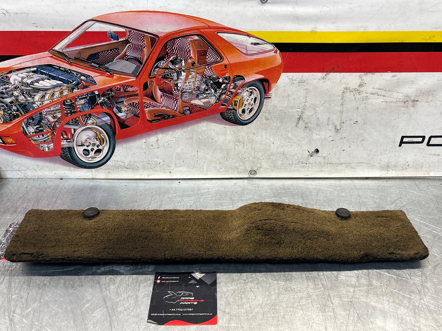 Porsche 928 black/grey-beige carpeted Tool kit panel cover, used 92855118105